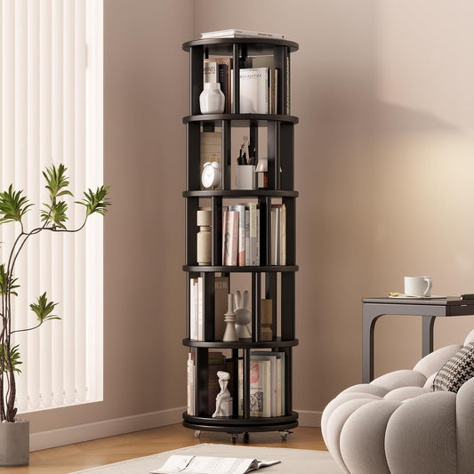 Solid Wood Rotating Bookshelf on Wheels, 5 Tier, Round Revolving Bookcase, 360° Spinning Book Shelf Tower for Kids, Narrow Rolling Bookshelves for Small Space, Corner, Bedroom, Office, Black