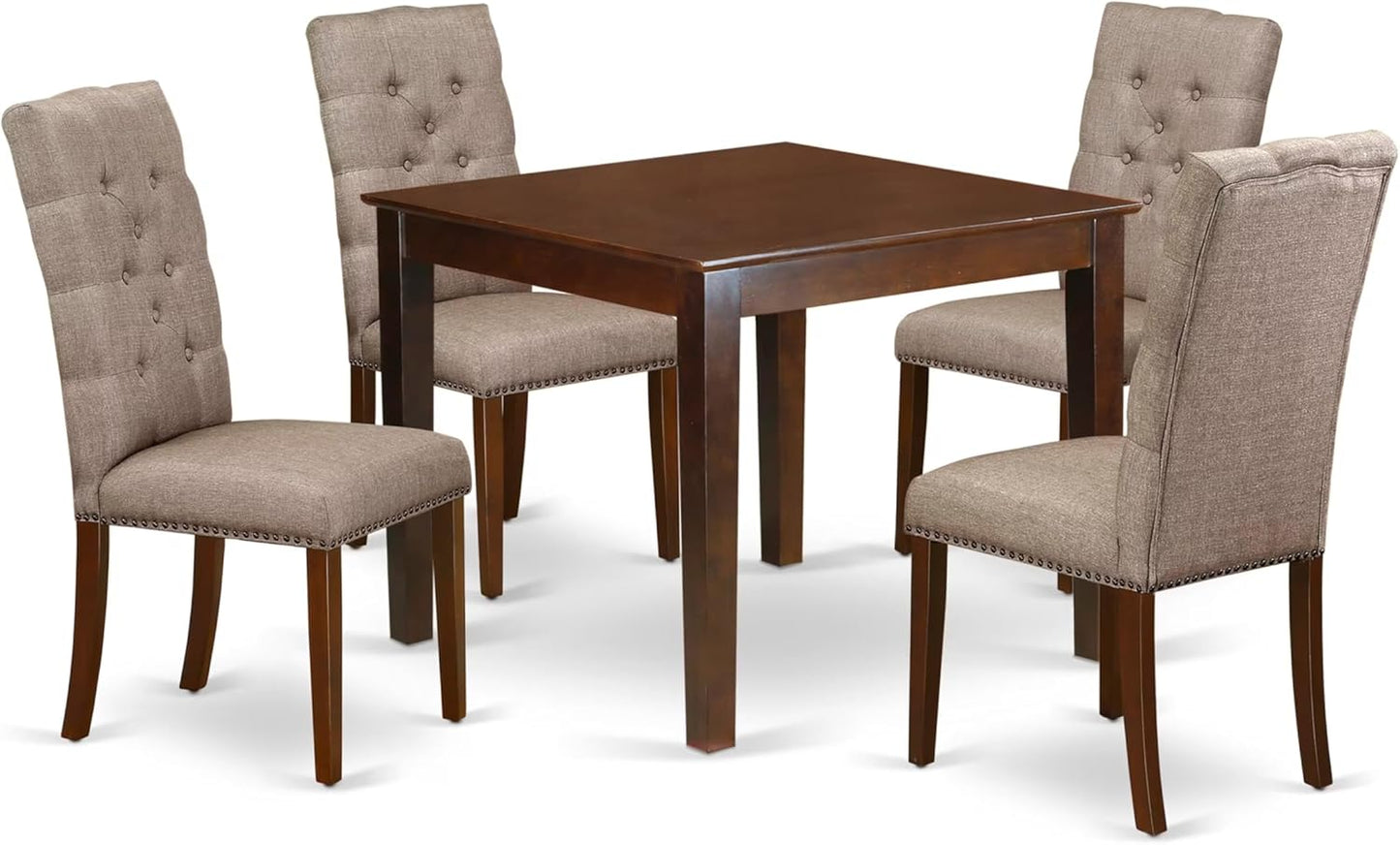East West Furniture OXEL5-MAH-16 5 Piece Dining Room Table Set Includes a Square Kitchen Table and 4 Dark Khaki Linen Fabric Parson Dining Chairs, 36x36 Inch, Mahogany