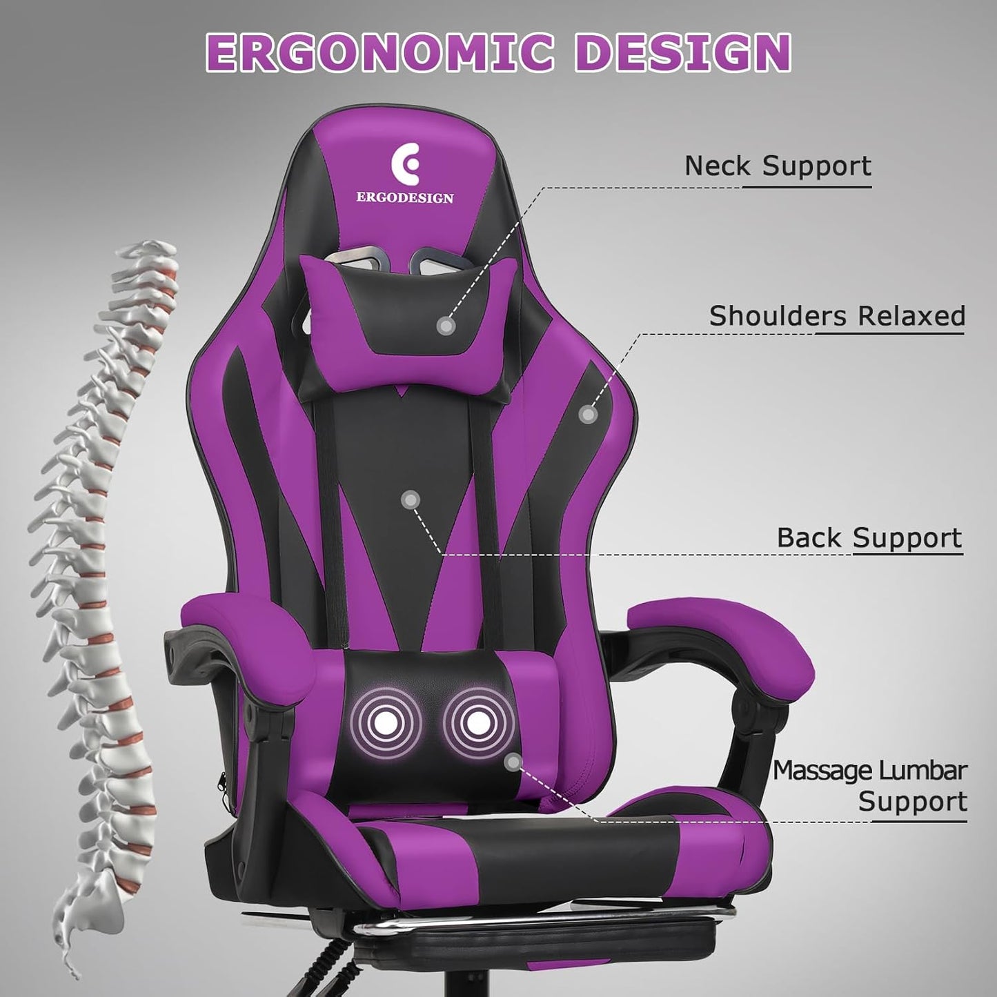 Gaming Chair with Linkage Armrest & Footrest, High Back Video Gaming Chair, Black/Purple