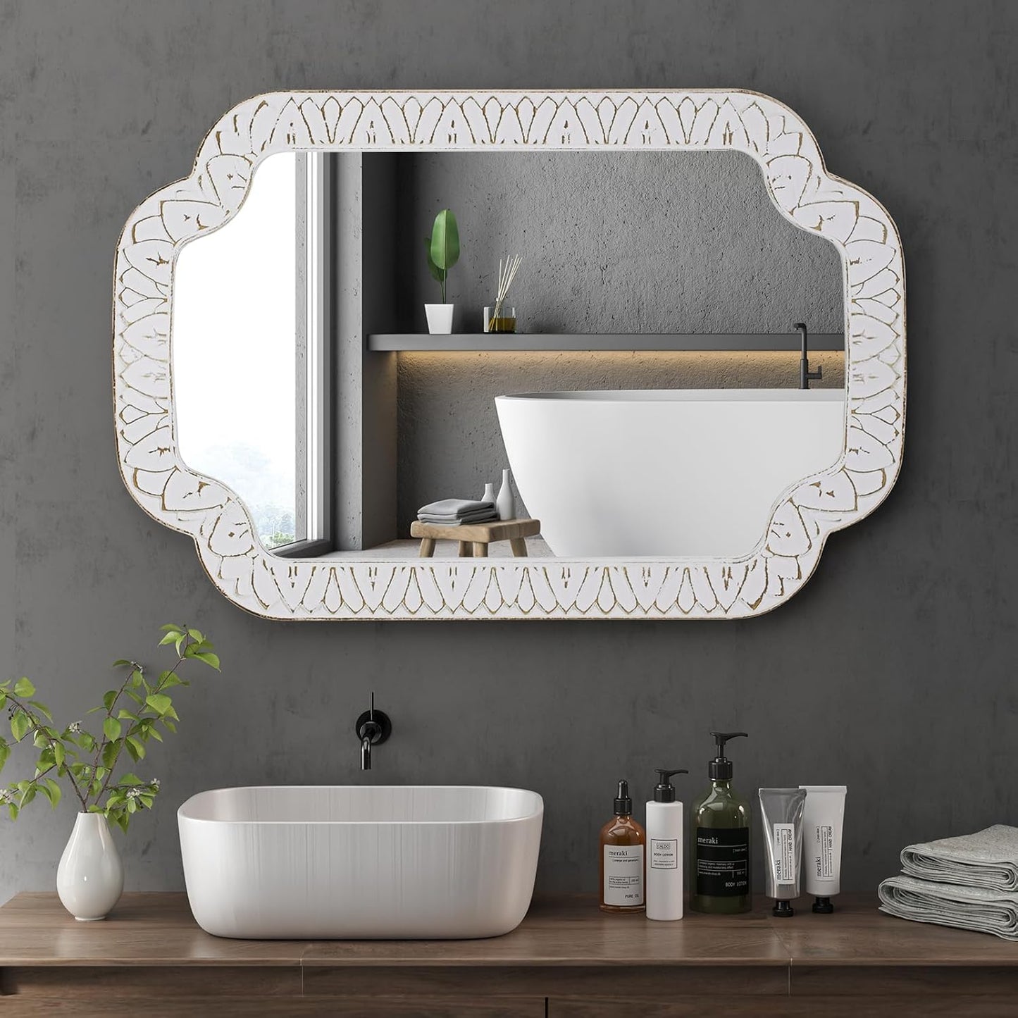 36x24 Inch Scalloped Wall Mirror with Wooden Frame, Rustic Farmhouse Bathroom Vanity Mirror, Decorative Mirrors for Living Room, Bedroom, Entryway – Vertical or Horizontal Mount
