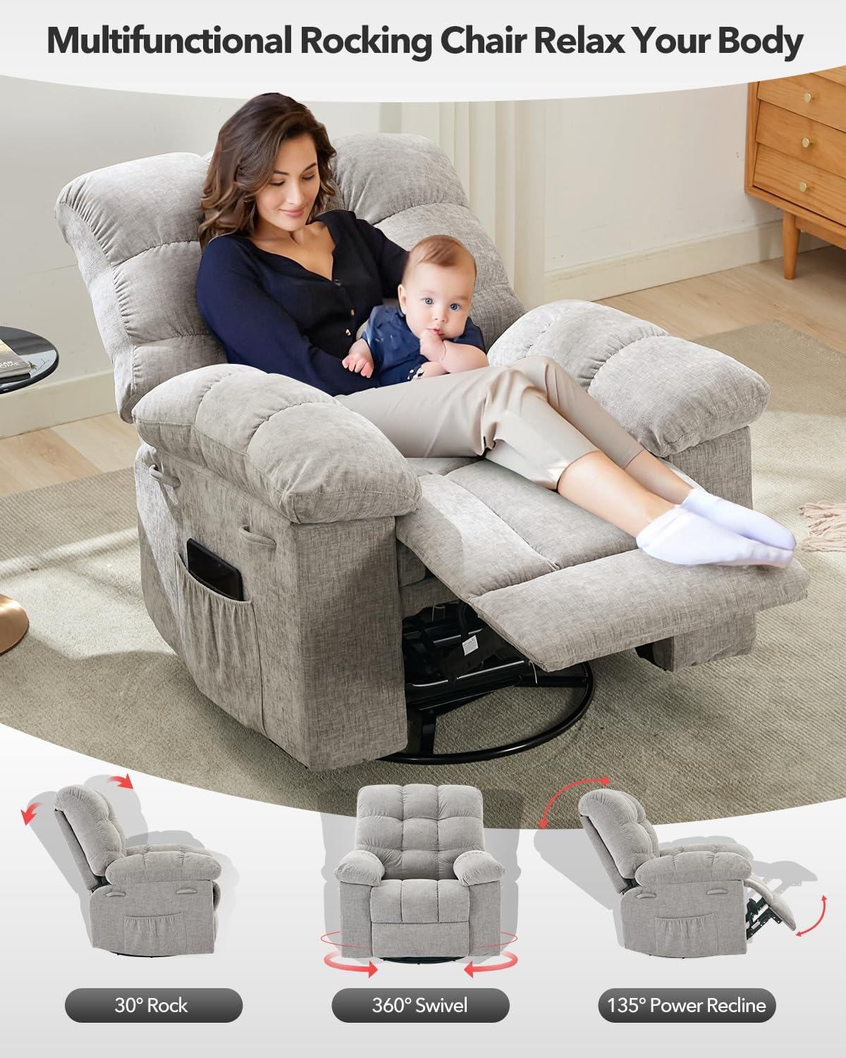 Rocking Recliner Chair,360° Swivel Rocker Chair for Living Room,Upholstered Fabric Glider Nursery Chair with Side Pockets for Small Spaces,Q235 Steel Frame Lazy Boy Recliner Single Sofa(Grey)
