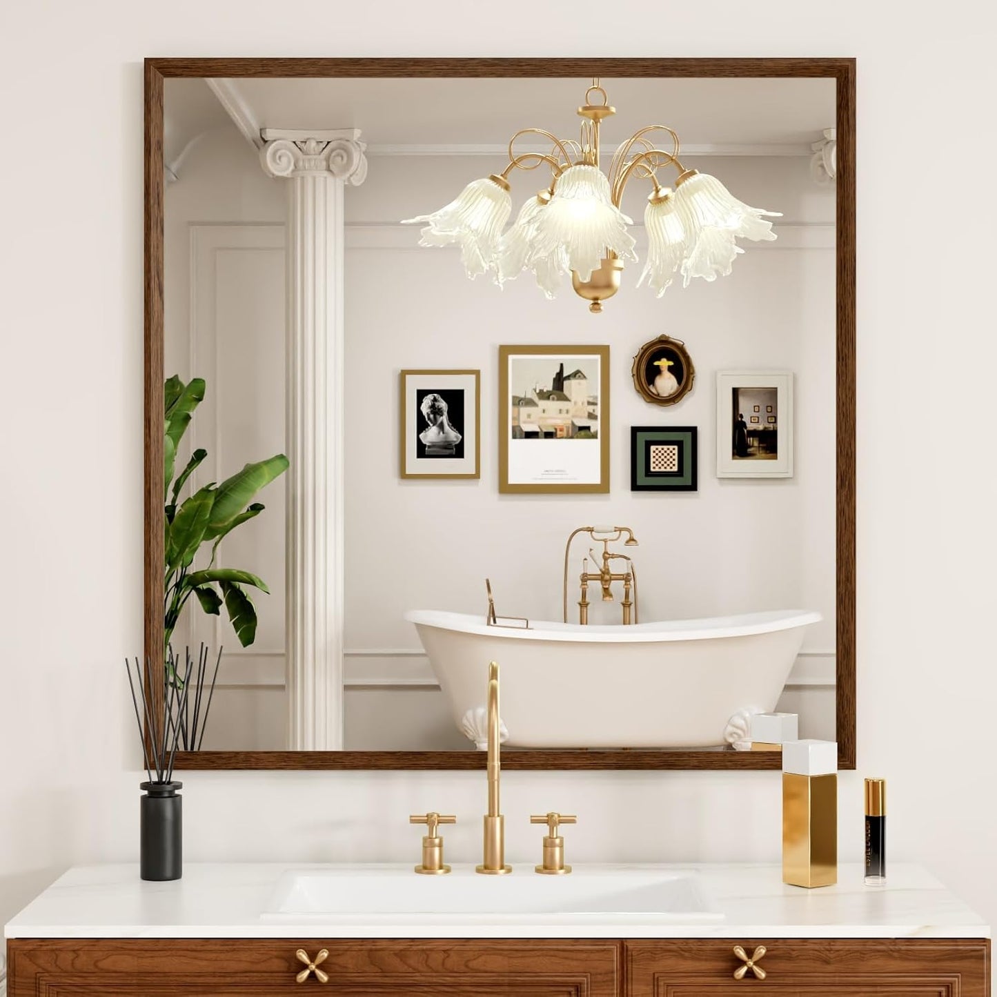 Rectangle Bathroom Mirror 40x36 Inch, Walnut Wood Grain Framed, Anti-Rust & 4mm Tempered Glass, Horizontal/Vertical Hanging Vanity Mirror for Bathroom & Bedroom