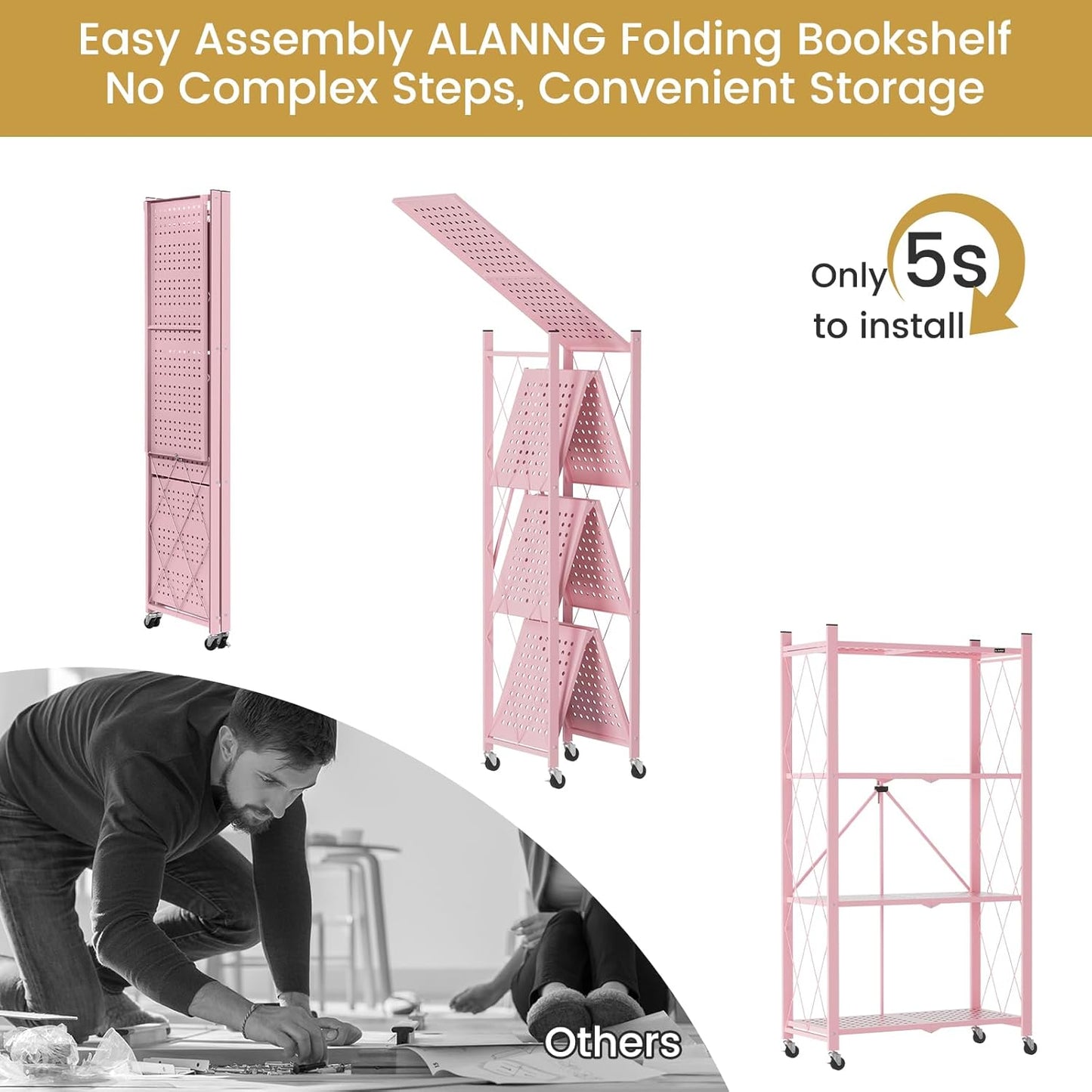 ALANNG Storage Shelves with Wheels, Bookshelf with Storage, No Assembly Metal Rack Shelf for Kitchen, Office, Laundry, Garage (4 Tier, Pink)