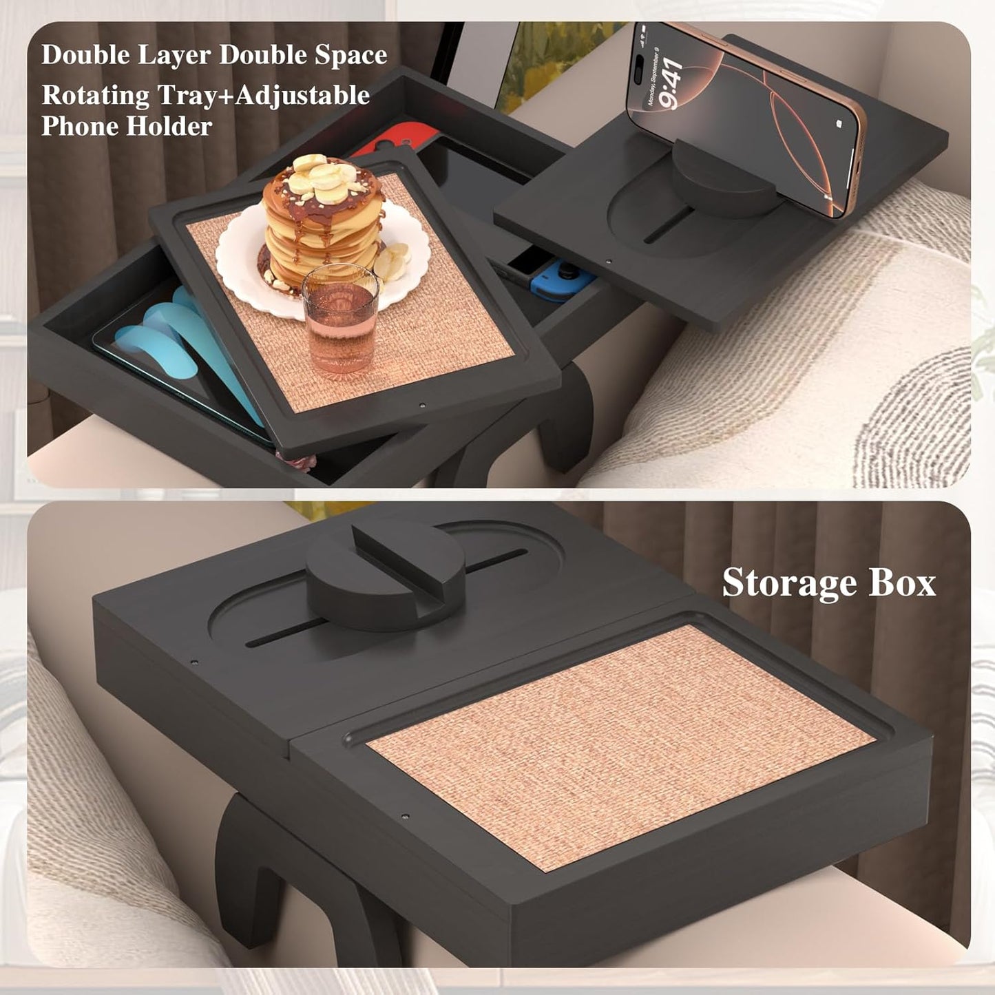 Bamboo Couch Armrest Table with Couch Cup Rest,Non-Slip Armrest Tray Table for Couch,Adjustable Sofa Table with Rotating Phone Holder,Perfect for Living Room and Dining,Black