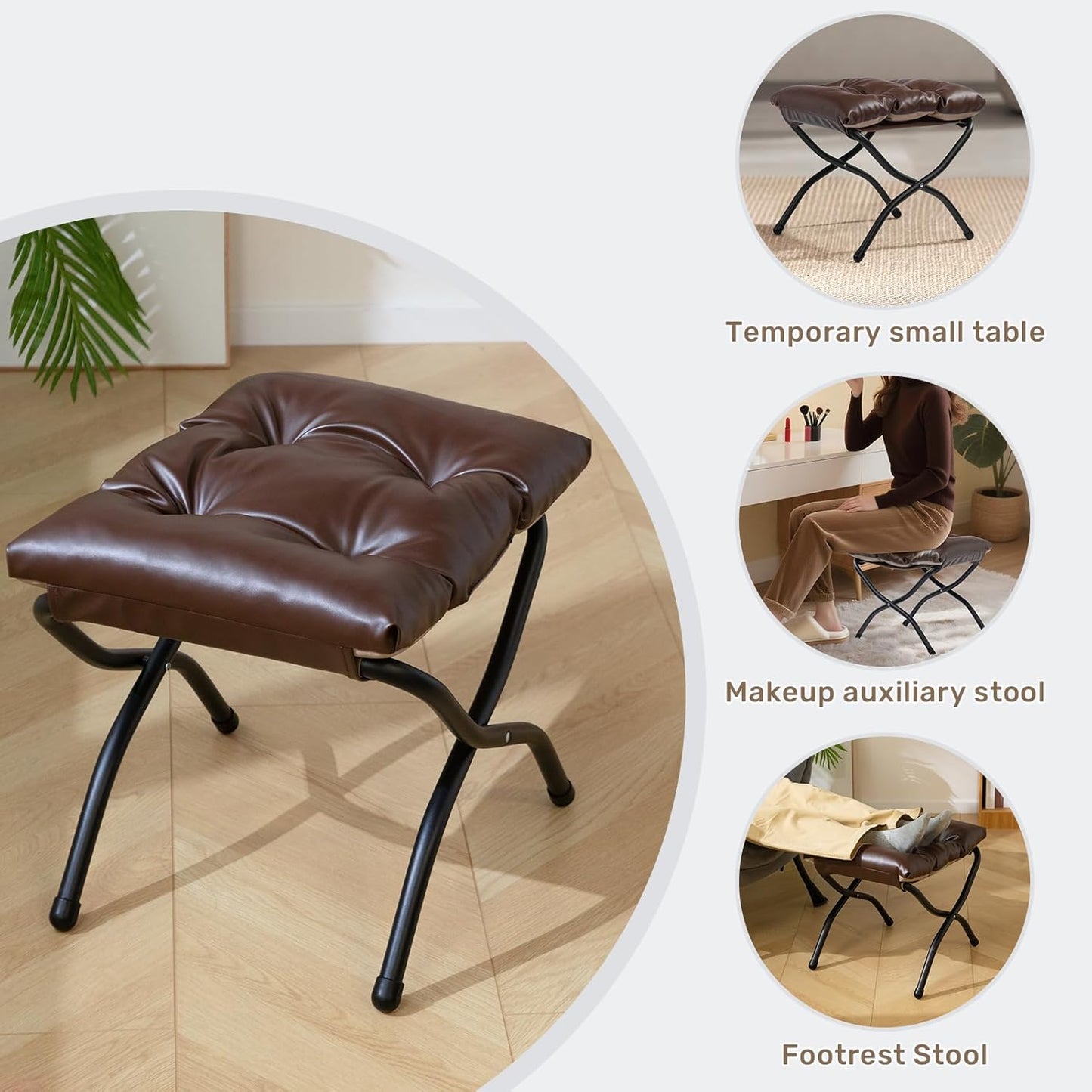 HollyHOME 15" H Folding Footrest Stool,Upholstered Foldable Ottoman with Padded Design. Features Metal Frame for Portability. Ideal for Sofas, Lazy Chairs,Living Room,Bedroom.PU Brown
