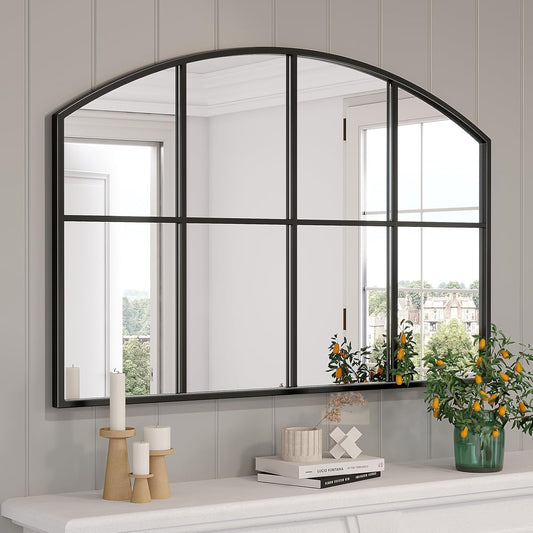 Wide Window Pane Mirror, 42" x 28" Black Arched Mirrors for Wall, Grid Wall Mirror Decorative Large Mirrors for Living Room Bedroom Farmhouse Fireplace Hallway Entryway