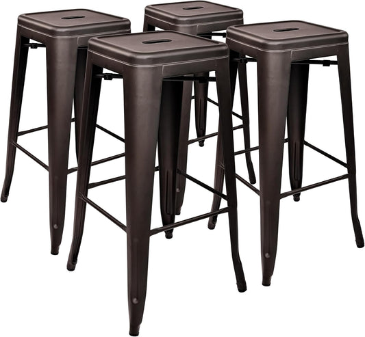 30 Inches Metal Bar Stools, High Backless Stools, Indoor Outdoor Stackable Kitchen Stools, Set of 4, Brown