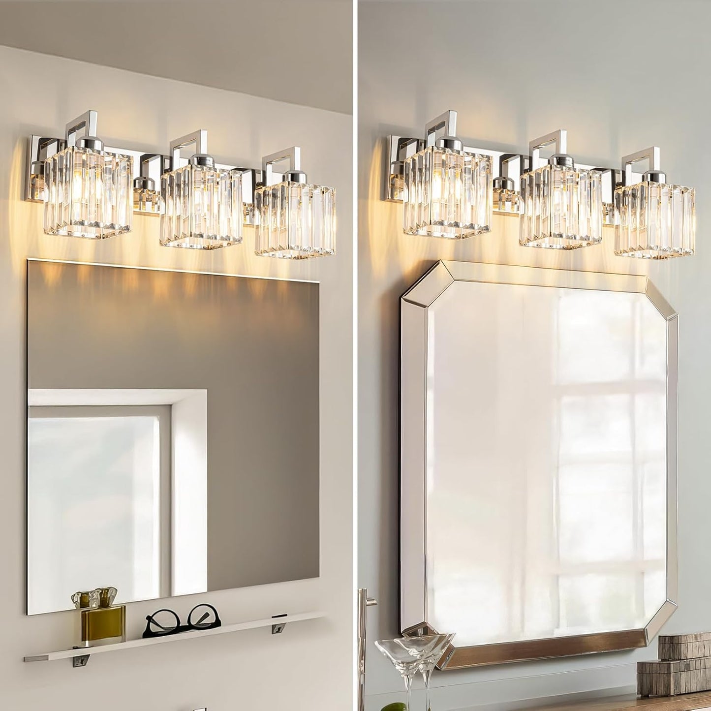 Modern Bathroom Vanity Light 3-Lights Chrome Crystal Wall Lamp Bathroom Modern Crystal Vanity Lighting