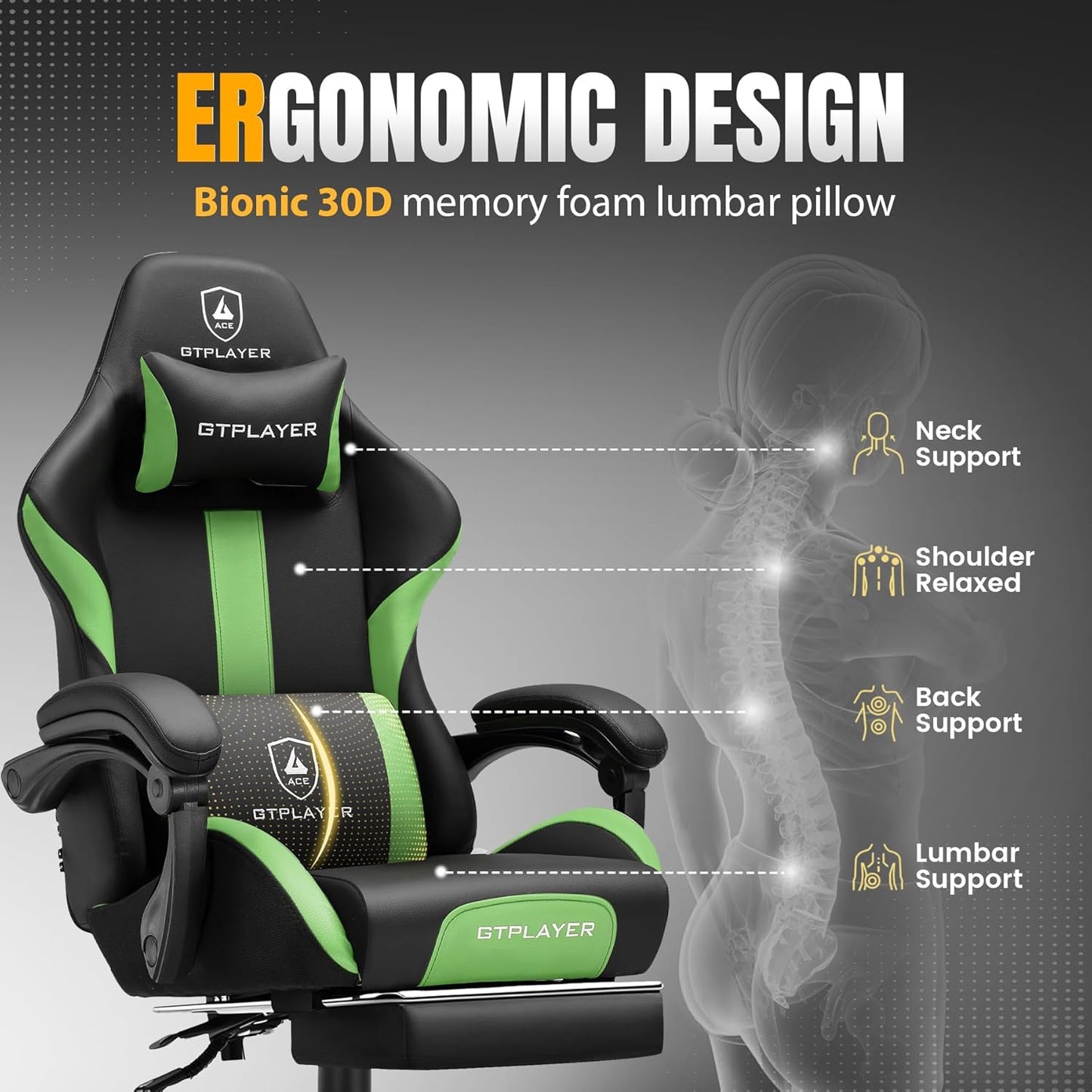 GTRACING Gaming Chair with Foot Rest & Pocket Spring Cushion, Ergonomic High Back Computer Chair with Headrest & 360°-Swivel Seat for Home Office Desk, PU Leather, Vivid Green