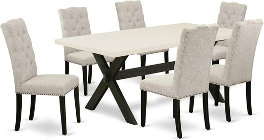 East West Furniture X627EL635-7 7 Piece Dining Table Set Consist of a Rectangle Dining Room Table with X-Legs and 6 Doeskin Linen Fabric Upholstered Chairs, 40x72 Inch, Multi-Color