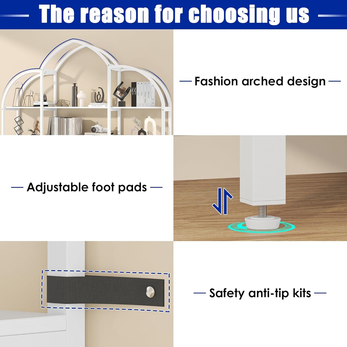 Triple Wide 5 Tier Tall Arched Bookshelf and Bookcase with 3 Cabinets, Industrial Metal Etagere Open Bookshelf, Wood Standing Book Shelf with Black Metal Frame for Bedroom Living Room