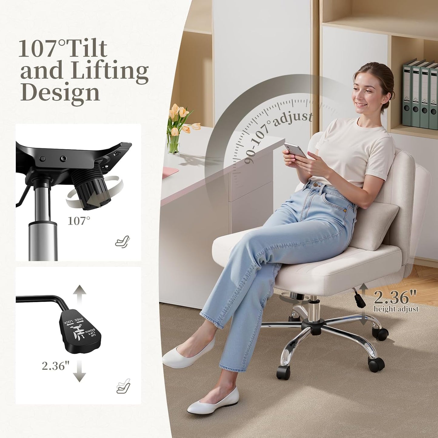 Warmiehomy Criss Cross Office Chair with Wheels, Velvet Cross-Legged Desk Chairs for Home, Height Adjustable Swivel Wide Seat Computer Chair, Modern Armless Vanity Chair for Girls Women, White