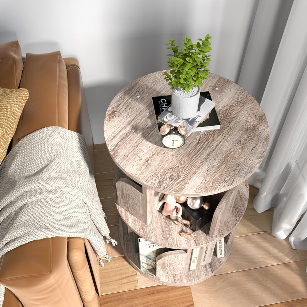 Nidouillet Small Rotating Bookshelf, 2 Tier Revolving Bookcase 360° Display Round Bookshelf Narrow Swivel Corner Book Shelf Standing Bookcase Adult Bedroom
