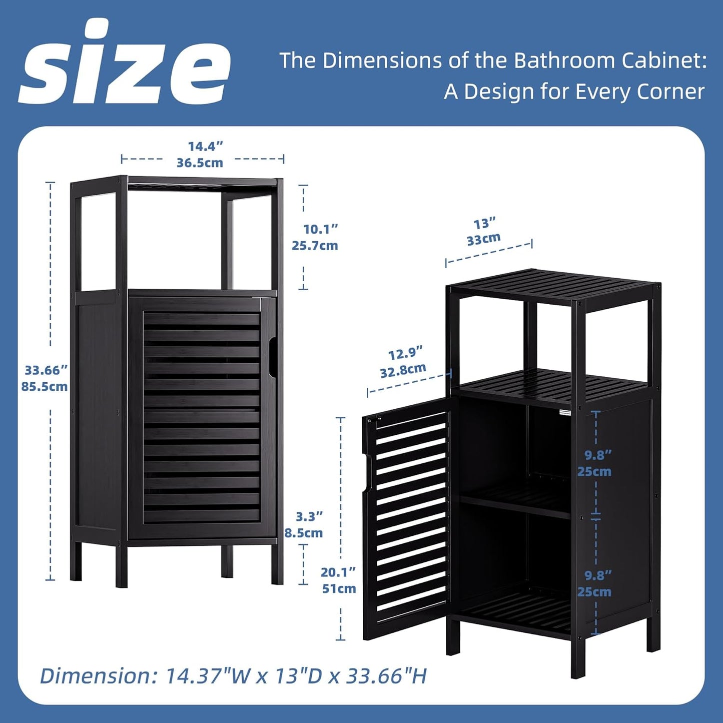 HITNET Bamboo Floor Cabinet, Small Bathroom Cabinet Floor Standing, 4 Tier Narrow Side Storage Cabinet, Space Saving Kitchen Cupboard with Single Door, Black