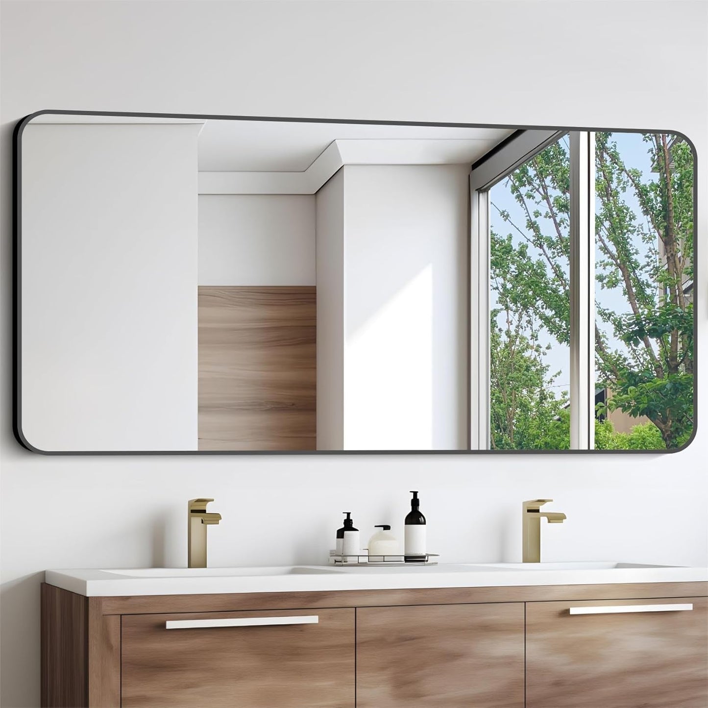 Bathroom Mirror, 30x60 inch Black Rectangle Wall Mirror, Metal Frame Rounded Corner Vanity Mirror, Large Wall Mounted Mirrors for Over Sink Bedroom Living Room Horizontal Or Vertical Mounting
