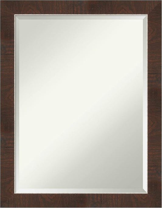 Amanti Art Brown Bathroom Mirror for Over Sink, 27x21 Wildwood Brown Narrow Rectangle Vanity Mirror, Medium Rustic Farmhouse Frame, Hangs Horizonally and Vertically, Bathroom Wall Decor, Beveled Edge