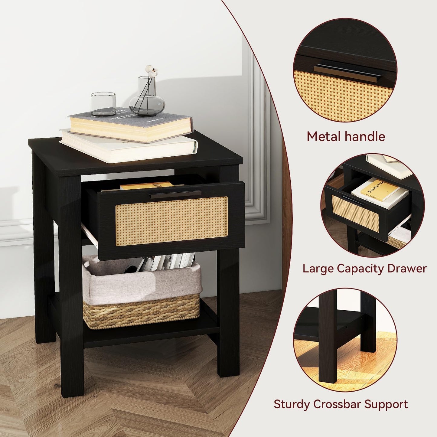 IBUYKE Rattan Nightstand Set of 2, Boho Night Stand with Drawer, Wood Bedside Tables with Storage Shelf, End Table with Legs for Bedroom, Black UWNS011B-2