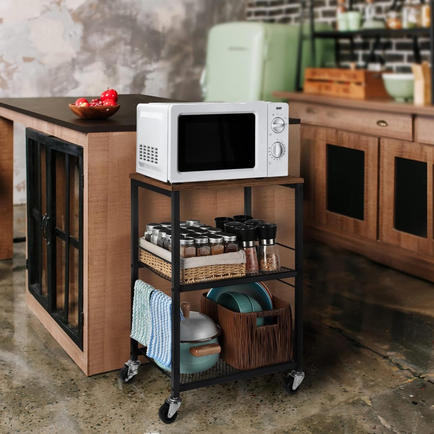 LIANTRAL 3 Tier Rolling Cart, Brown Kitchen Carts on Wheels with Storage, Multifunctional Utility Cart for Kitchen, Bathroom, Living Room, Bar, Office