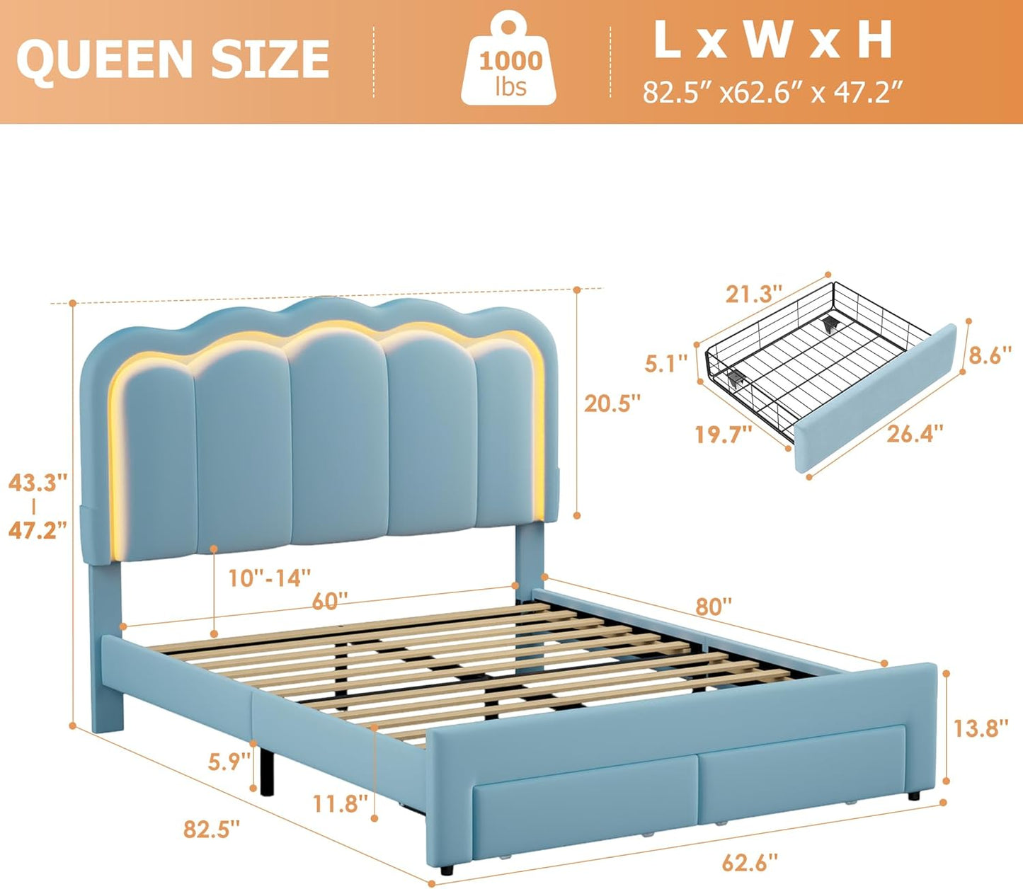 Queen Upholstered LED Bed Frame with 2 Storage Drawers and Adjustable Chic Double Wavy Headboard, Velvet Princess Platform Bed with Charing Station, Solid Wood Slats Support,No Box Spring Needed,Blue