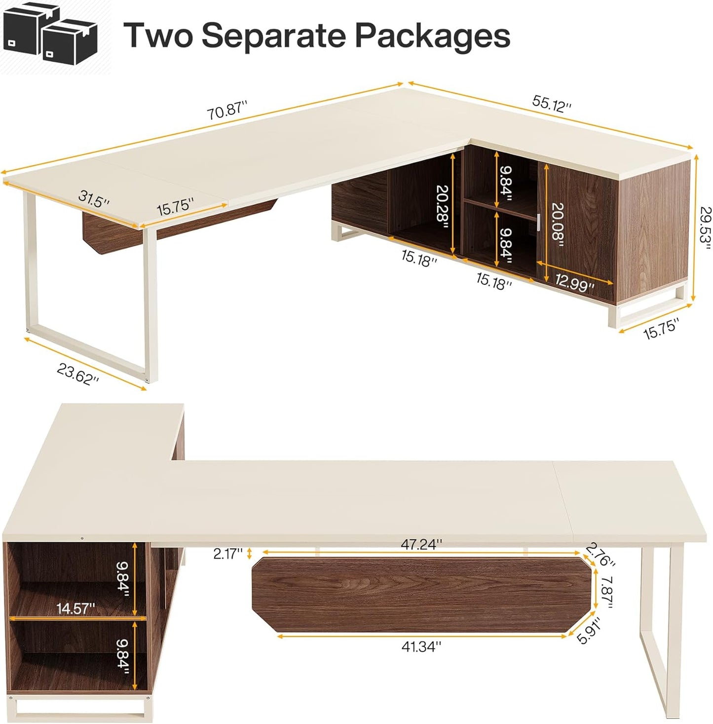 Tribesigns 70.8" Executive Desk with 55" File Cabinet, Modern L Shaped Computer Desk with Storage Shelves and Cabinet, Large L Shaped Executive Desk for Home Office, Beige & Walnut