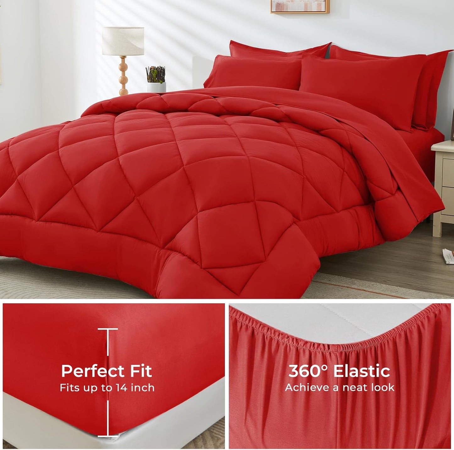 HEVUMYI Red Full Comforter Set - 7-Piece All Season Bed in a Bag Full, Ultra Soft Bedding Set with Comforter, Flat Sheet, Fitted Sheet, Pillowcases, Pillow Shams
