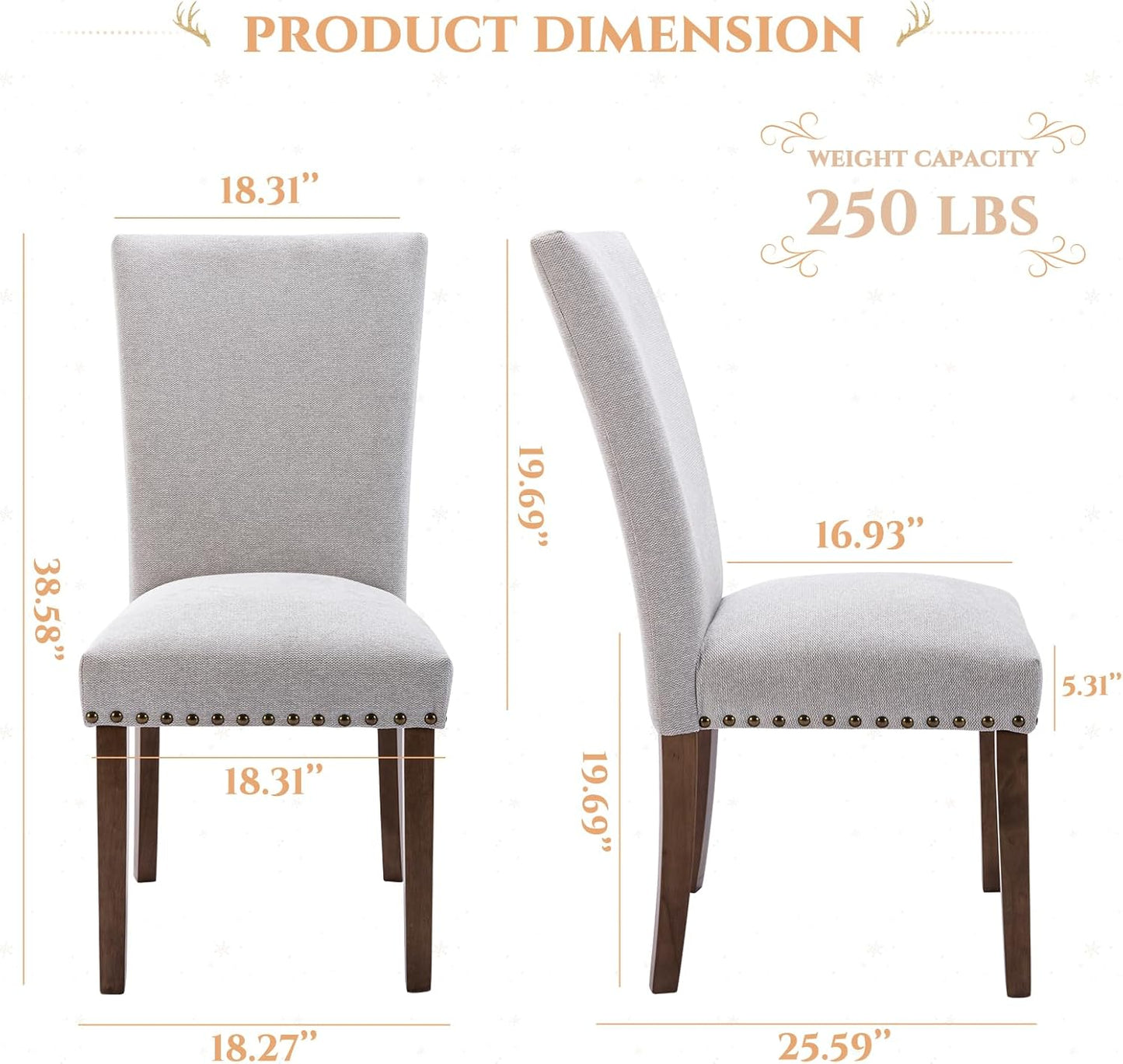 Parsons Dining Chairs Set of 2, Upholstered Nailhead Dining Room Kitchen Side Chair with Thick Cushions and Wood Legs, Light Grey