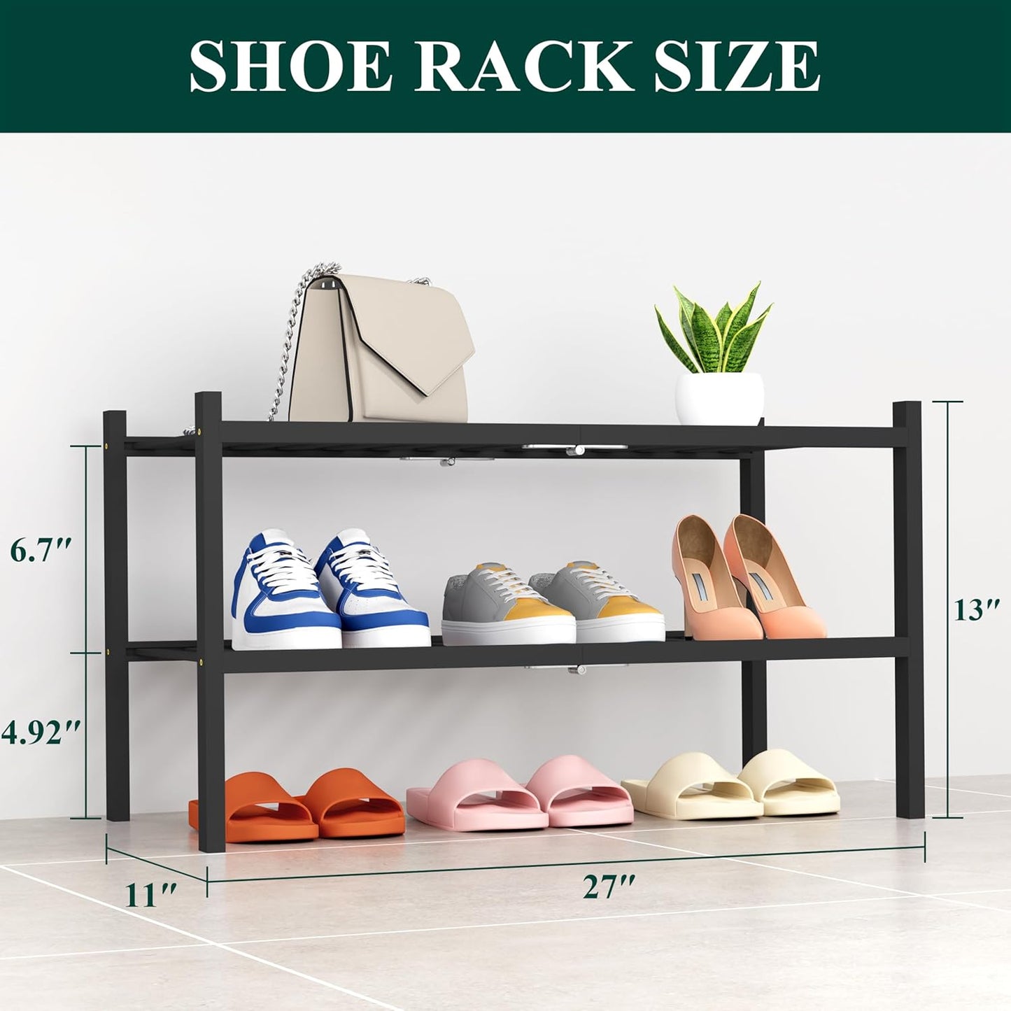 Smiry Shoe Rack, 2 Tier Thick Bamboo Shoe Organizer, Stackable Free Standing Wooden Shoe Storage Shelf for Closet, Entryway, Front Door Entrance, Black