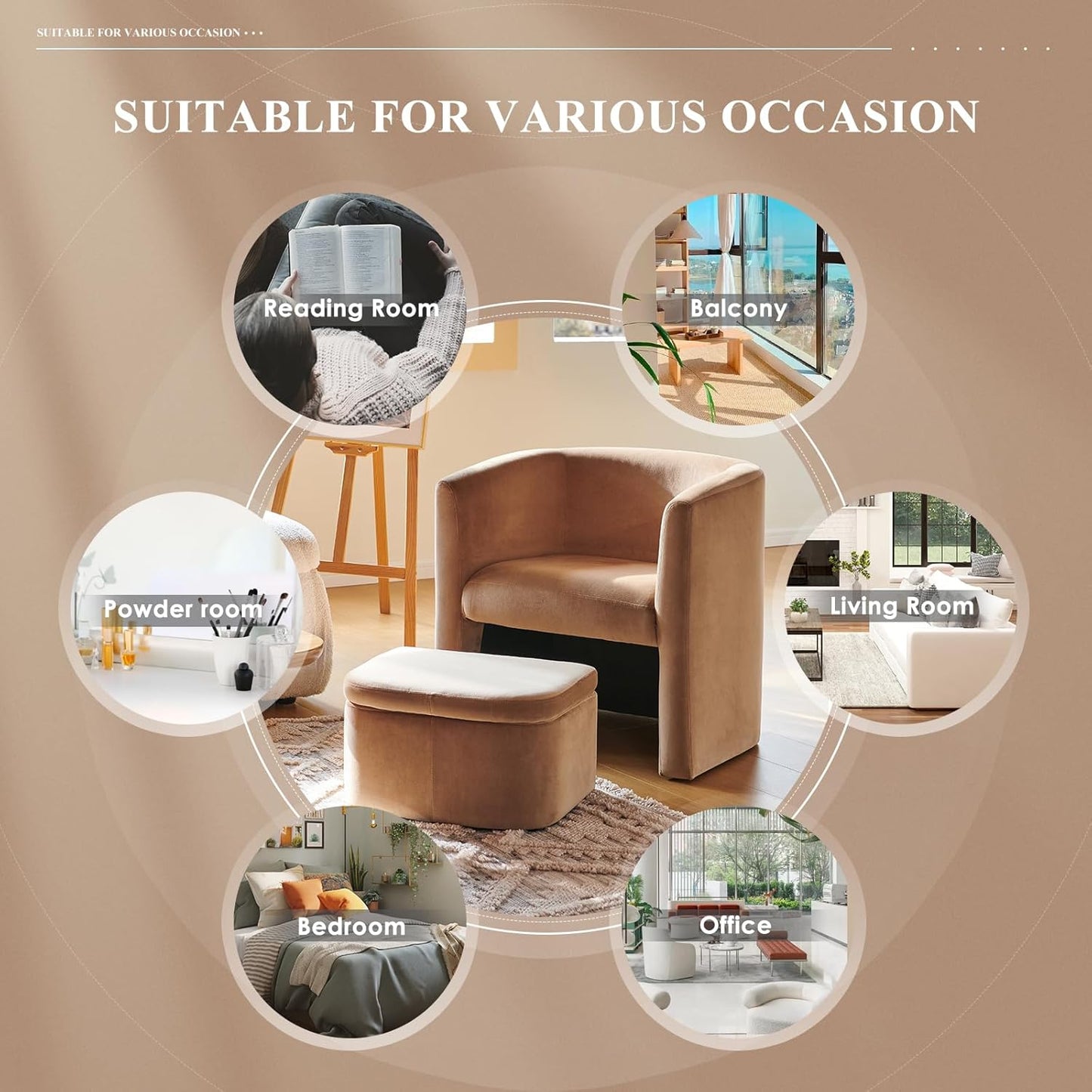 COLAMY Morden Velvet Barrel Accent Chair with Storage Ottoman Set of 2, Upholstered Living Room Side Chair, Single Sofa Armchair with Lounge Seat for Bedroom/Office/Reading Spaces, Khaki