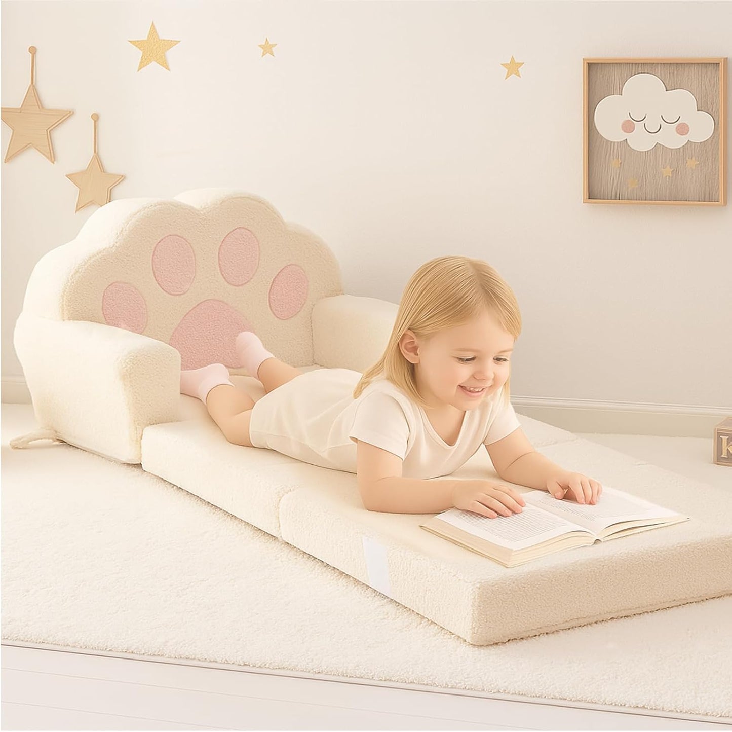MONKISS Cat Paw Kids Couch, Toddler Chairs Comfy, Toddler Couch Bed Fold Out, Baby Lounge Chair, Birthday Gift for Girls, 1-4 Years Old, SF06, Beige