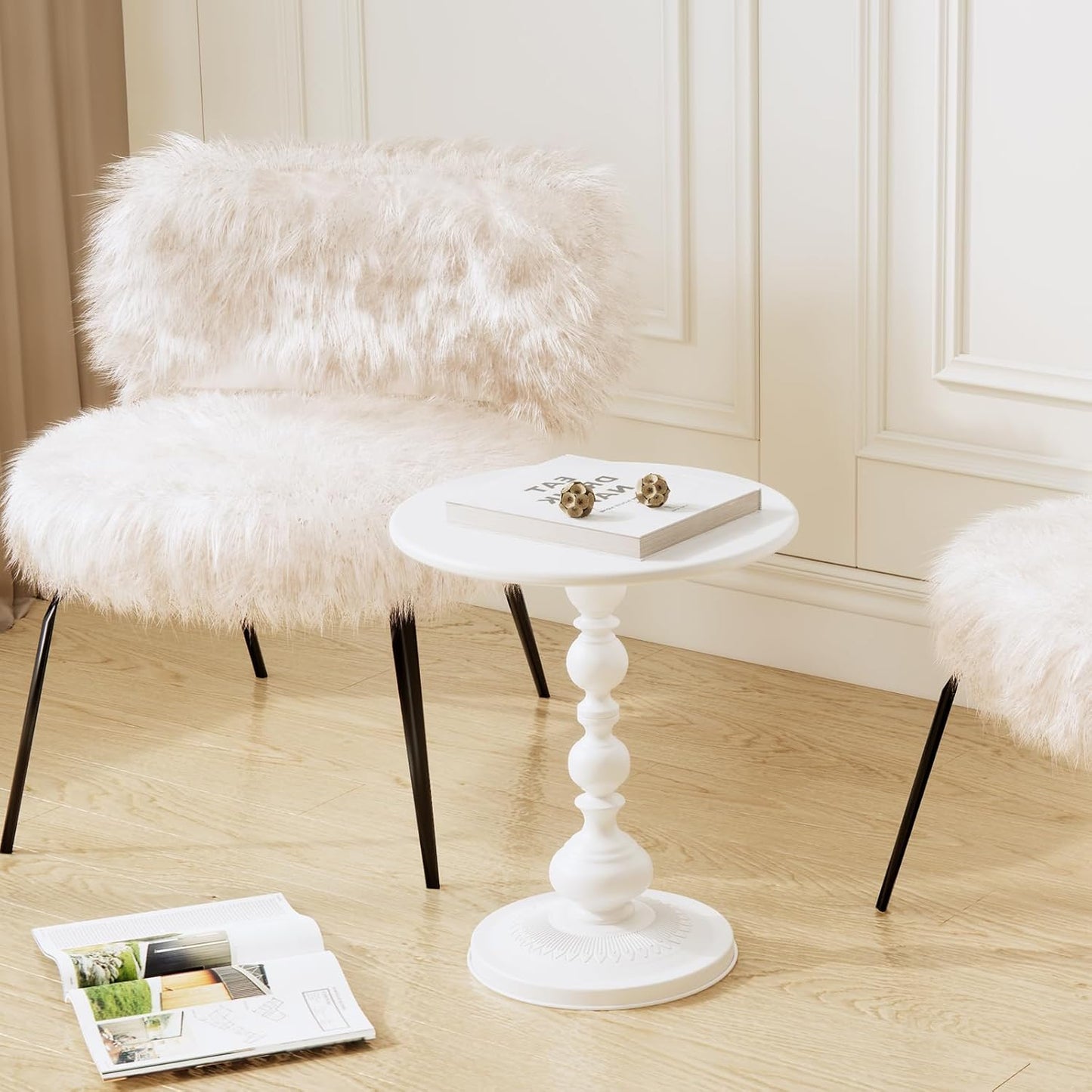 XIV Metal Small Round Side End Table, Vintage Matte Coffee Drink Cocktail Table, Accent Pedestal Table for Living Room Corners and Small Spaces, 21'' Height (White)