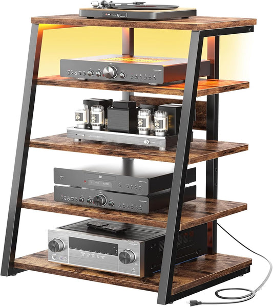 Armocity 5-Tier AV Media Stand with Power Strips, Media Console with LED Lights, Audio Tower Rack with Adjustable Shelves, Stereo Stands and Racks, 40.8'', Rustic Brown