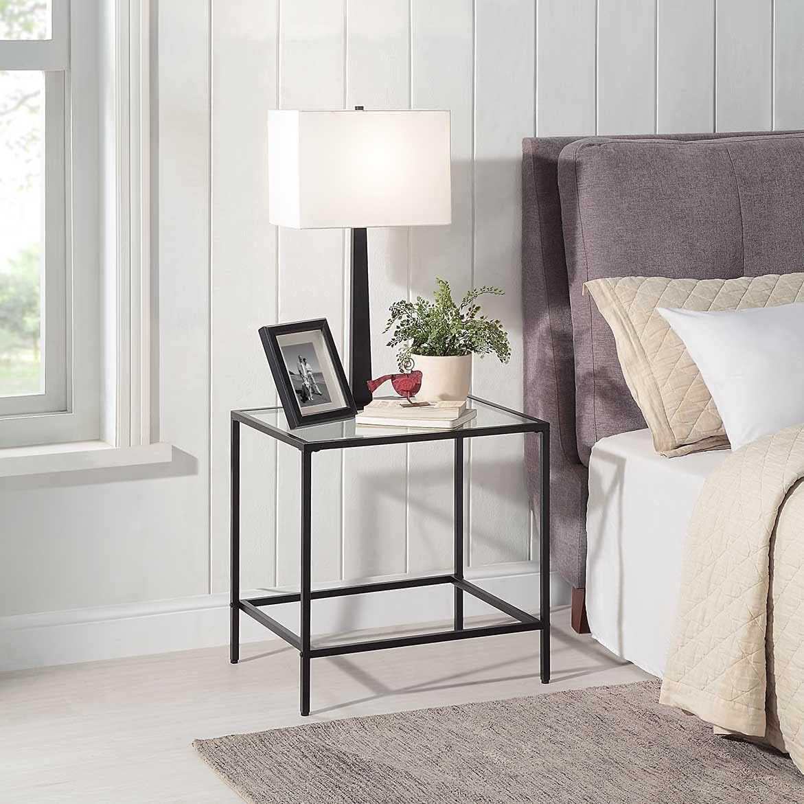 CAWS 22" W Black End Table, Tempered Glass Rectangle Side Table, Night Stand, Modern Minimalist Table, 21.97"L x 18"W x 22"H