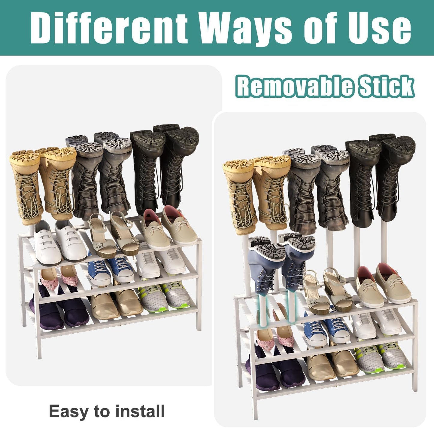 White Boot Rack, Boot Rack Organizer Tall Boots with Shoe Rack for Closet, Bamboo Wood Shoe Shelf Storage Organizer for Entryway