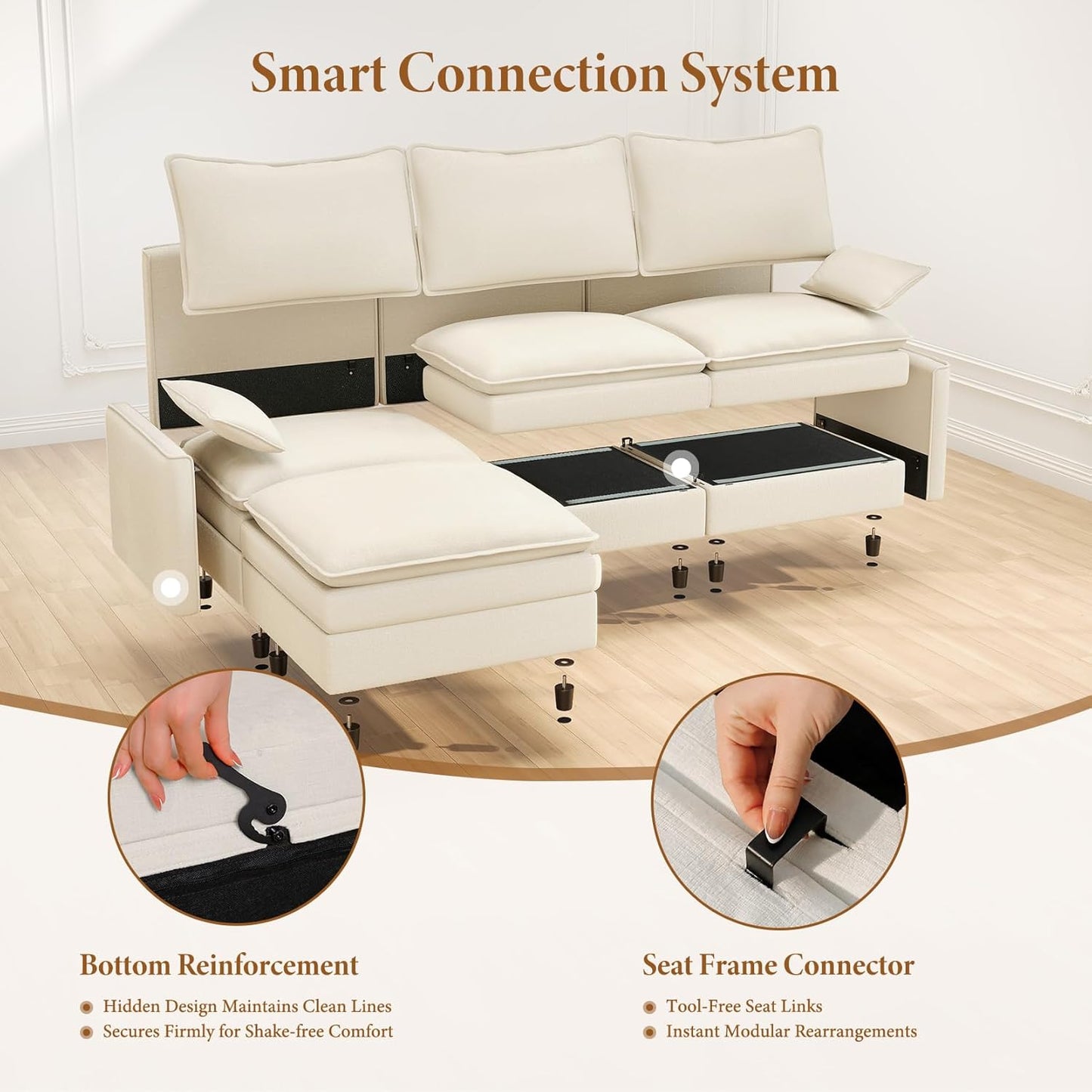 Vesgantti Large Modular Sectional Sofa, Big Comfy Cloud Couch with Ottoman Deep Seat Chenille Cloud Sofa, 8 Seater Large Sectional Couches for Living Room, Bedroom and Apartment, Beige