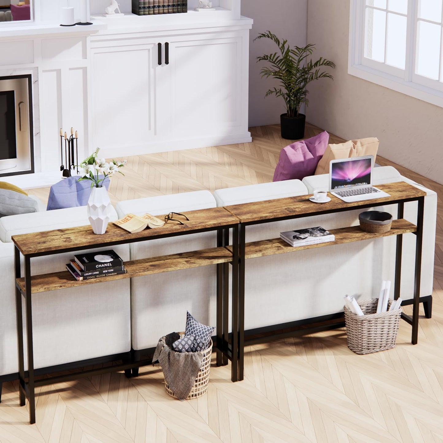 Narrow Console Table, 39.4” Sofa Table with Adjustable Shelf, 2-Tier Long Skinny Table for Hallway, Entryway, Living Room, Foyer, Rustic Brown