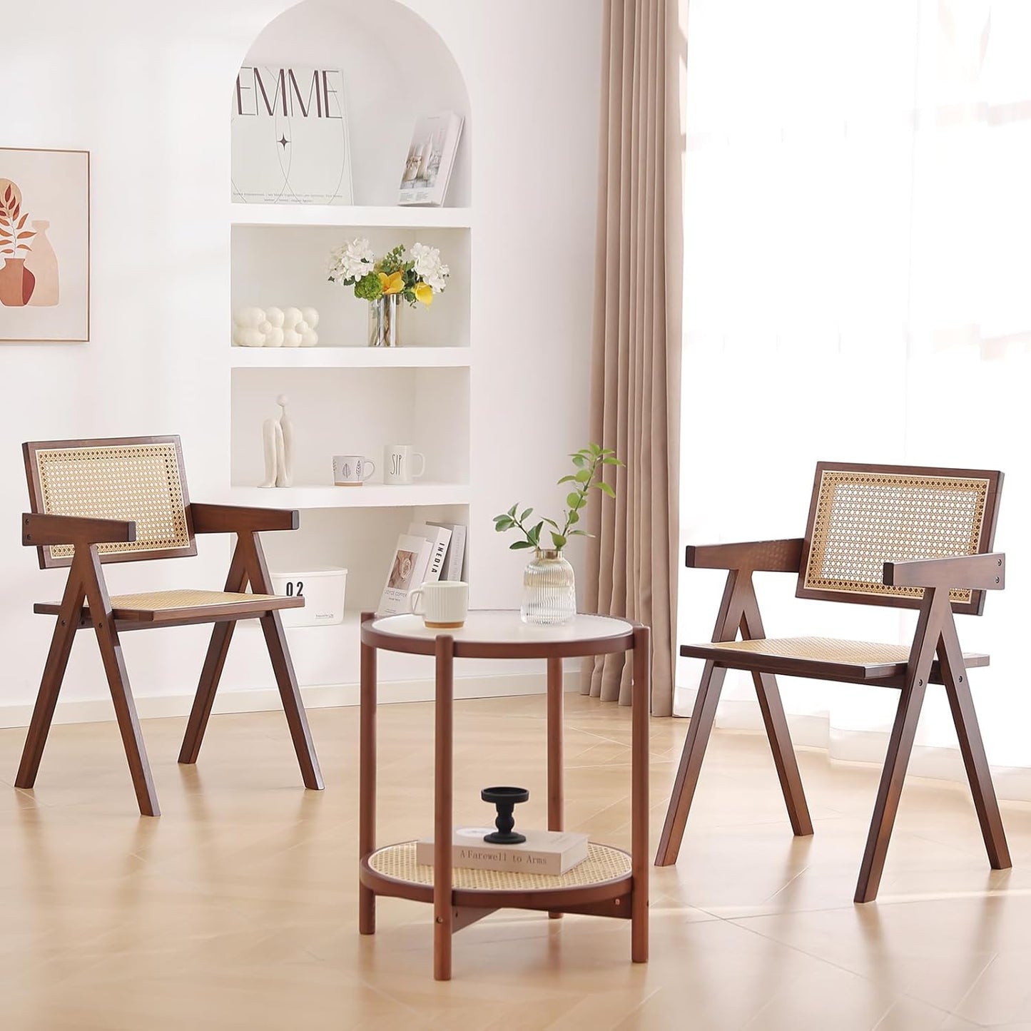 Tiita Rattan Dining Chairs Set of 2, Mid Century Modern Armchairs, Wooden Kitchen Chairs for Dining Room, Living Room, Walnut