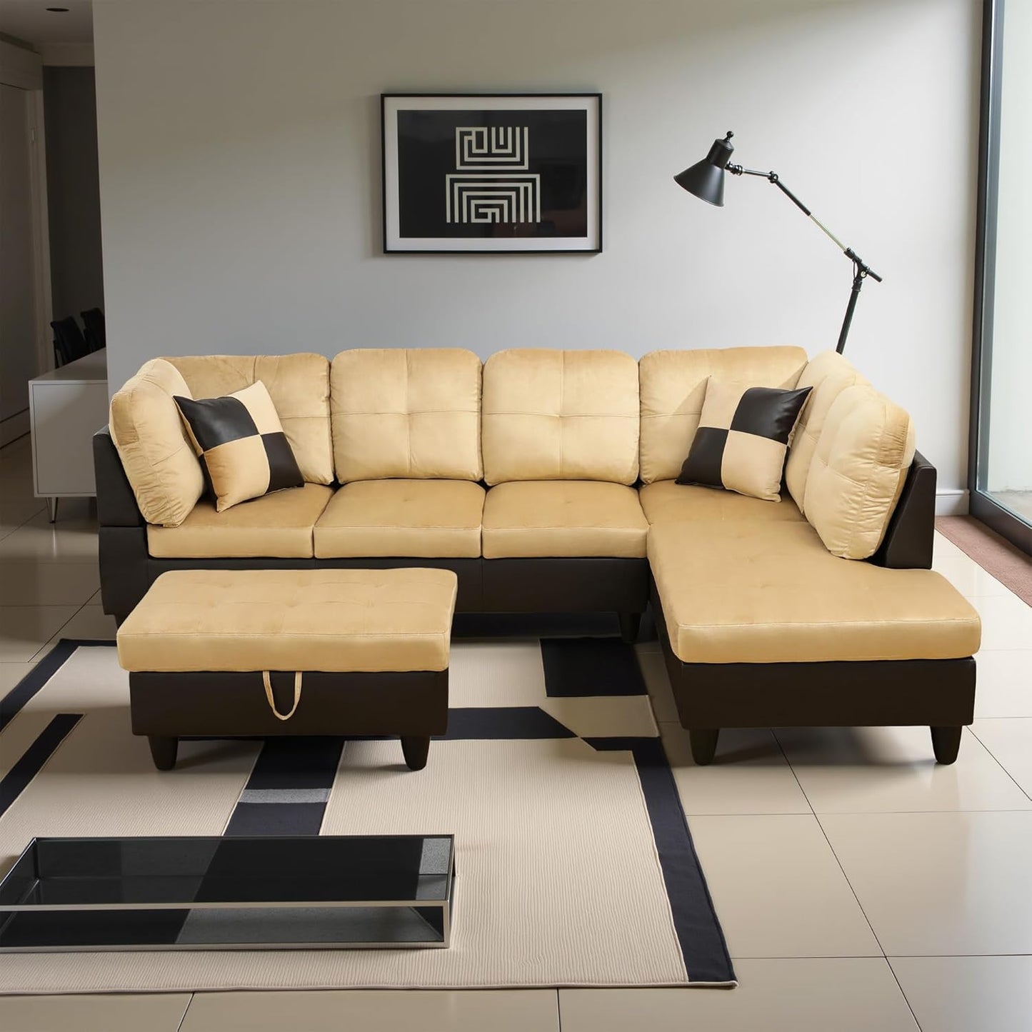 Couches for Living Room Modern L Shaped Couch Comfy Lint Fabric 3 Pieces Sectional Sofa with Chaise, Ottoman with Storage for Office and Small Apartment, Beige and Brown