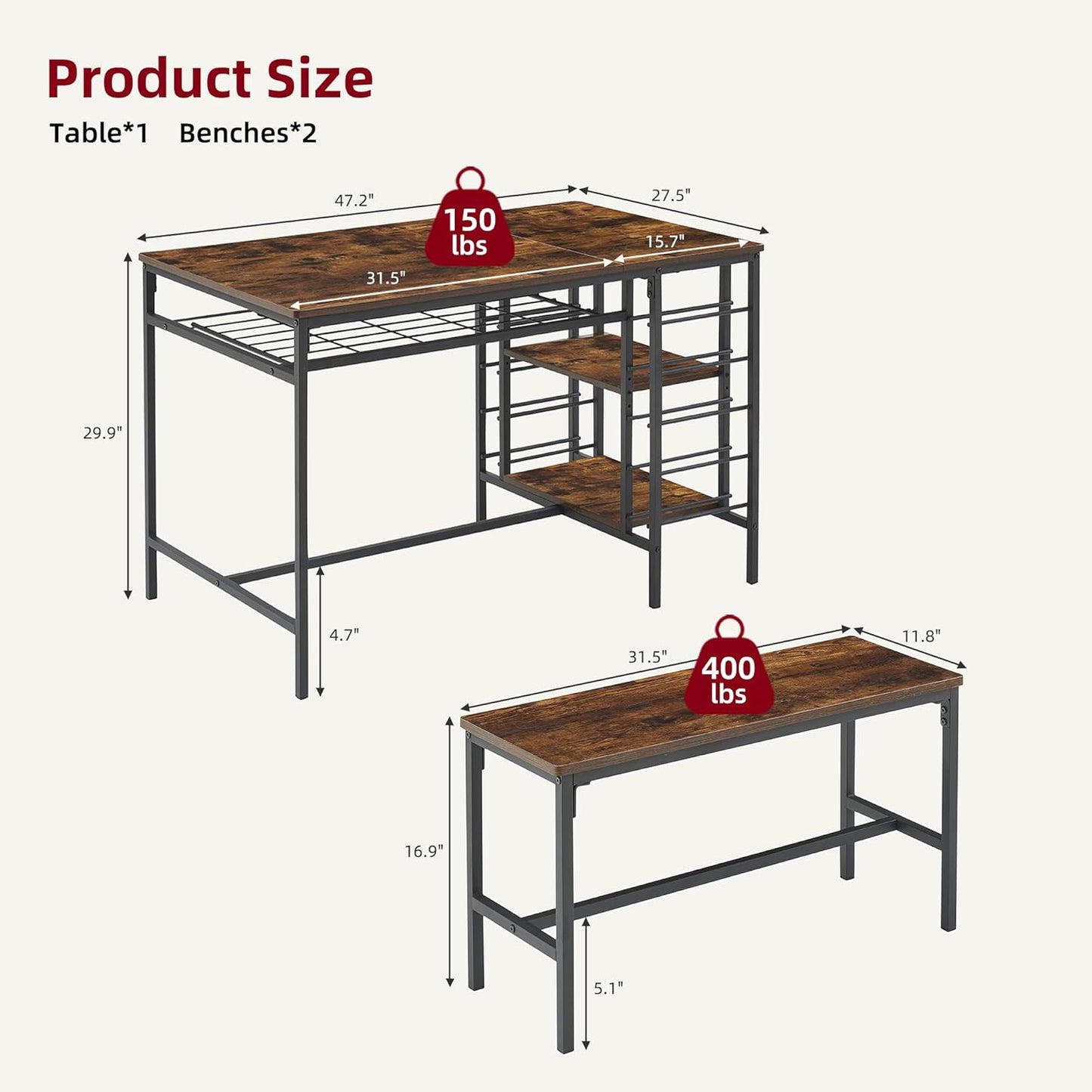 Garvee Dining Table Set for 4, Kitchen Table Set for 4 with 2 Benches, 3 Piece Dining Room Table Set for Small Space Apartment, Retro Brown