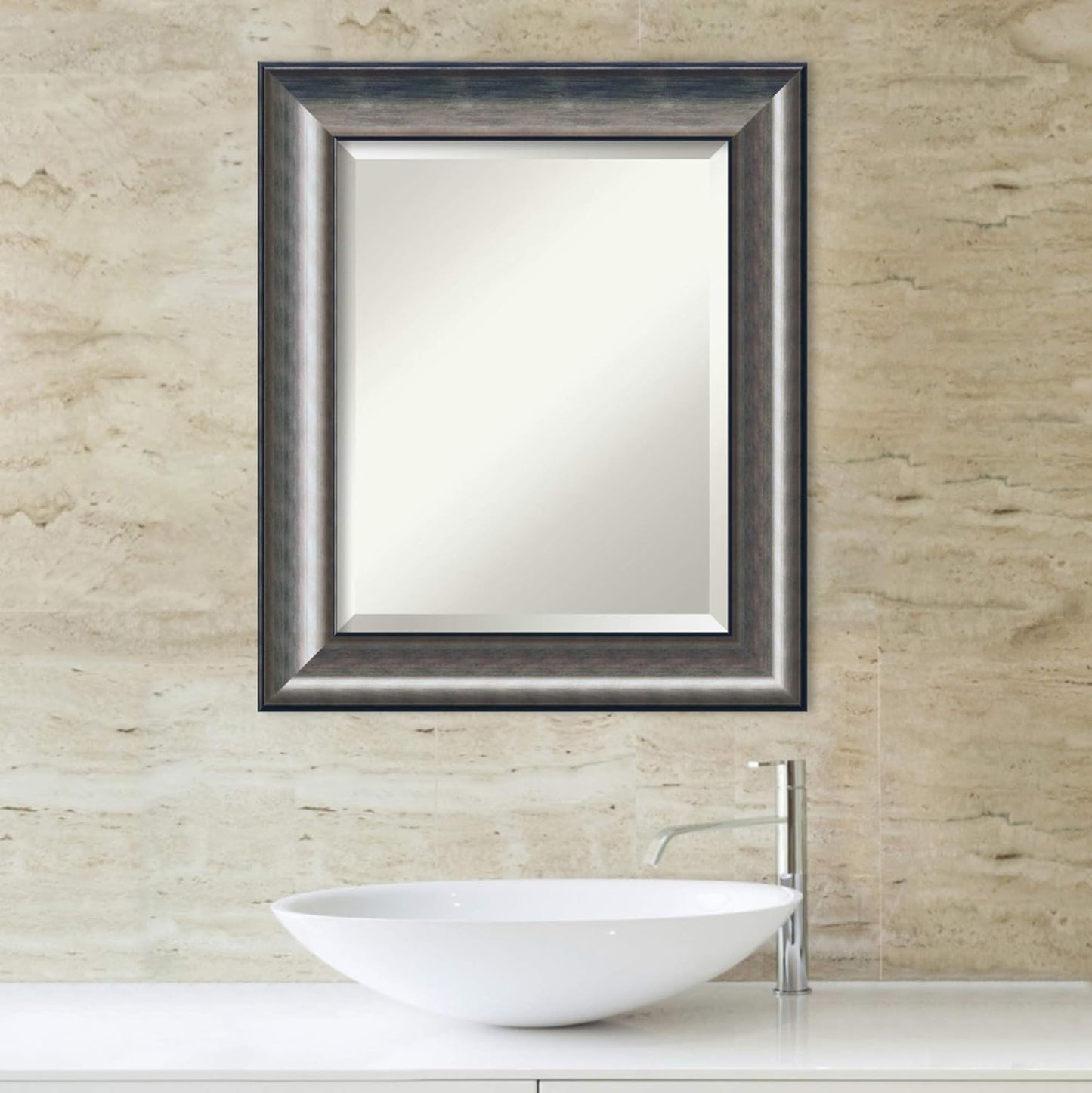 Amanti Art Silver Bathroom Mirror for Over Sink, 26x22 Quicksilver Scoop Rectangle Vanity Mirror, Small Casual Wood Frame, Hangs Horizonally and Vertically, Bathroom Wall Decor, Beveled Edge
