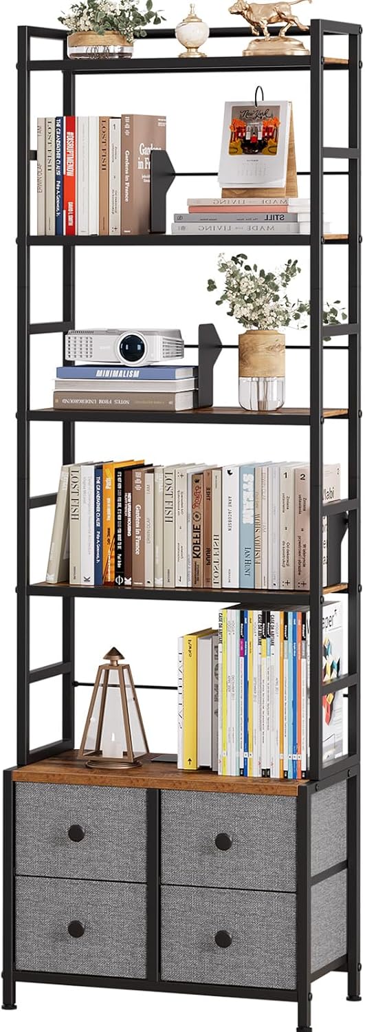 5 Tier Bookshelf, Modern Bookcase with Bookends and 4 Drawers Storage Organizer, Metal Industrial Display Shelf, Free Standing Storage Shelving Unit for Bedroom, Living Room and Home Office