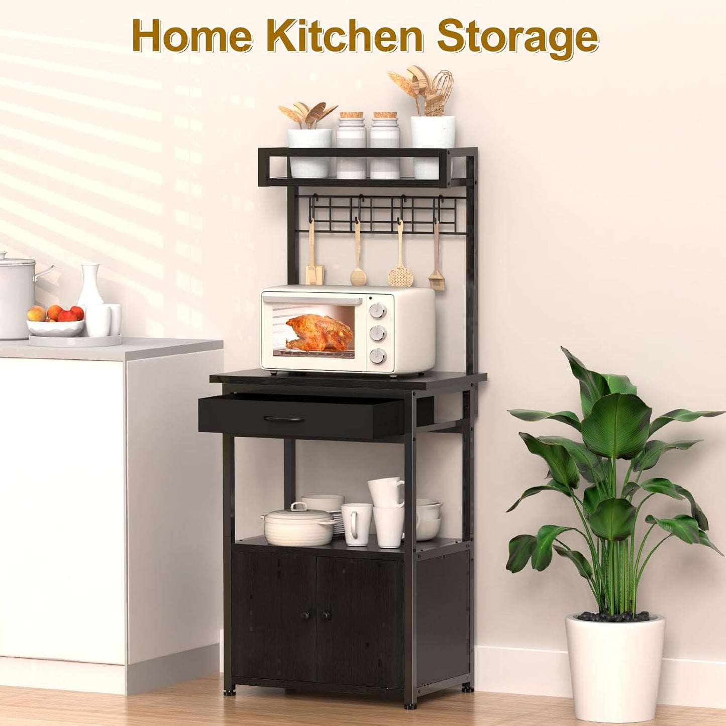 5-Tier Coffee Bar Cabinet & Microwave Stand with Storage, 2 Doors, 4 S-Hooks Kitchen Appliance Bakers Rack for Spices, Pots,Coffee Station for Small Spaces,Living Room,Entryway,Black
