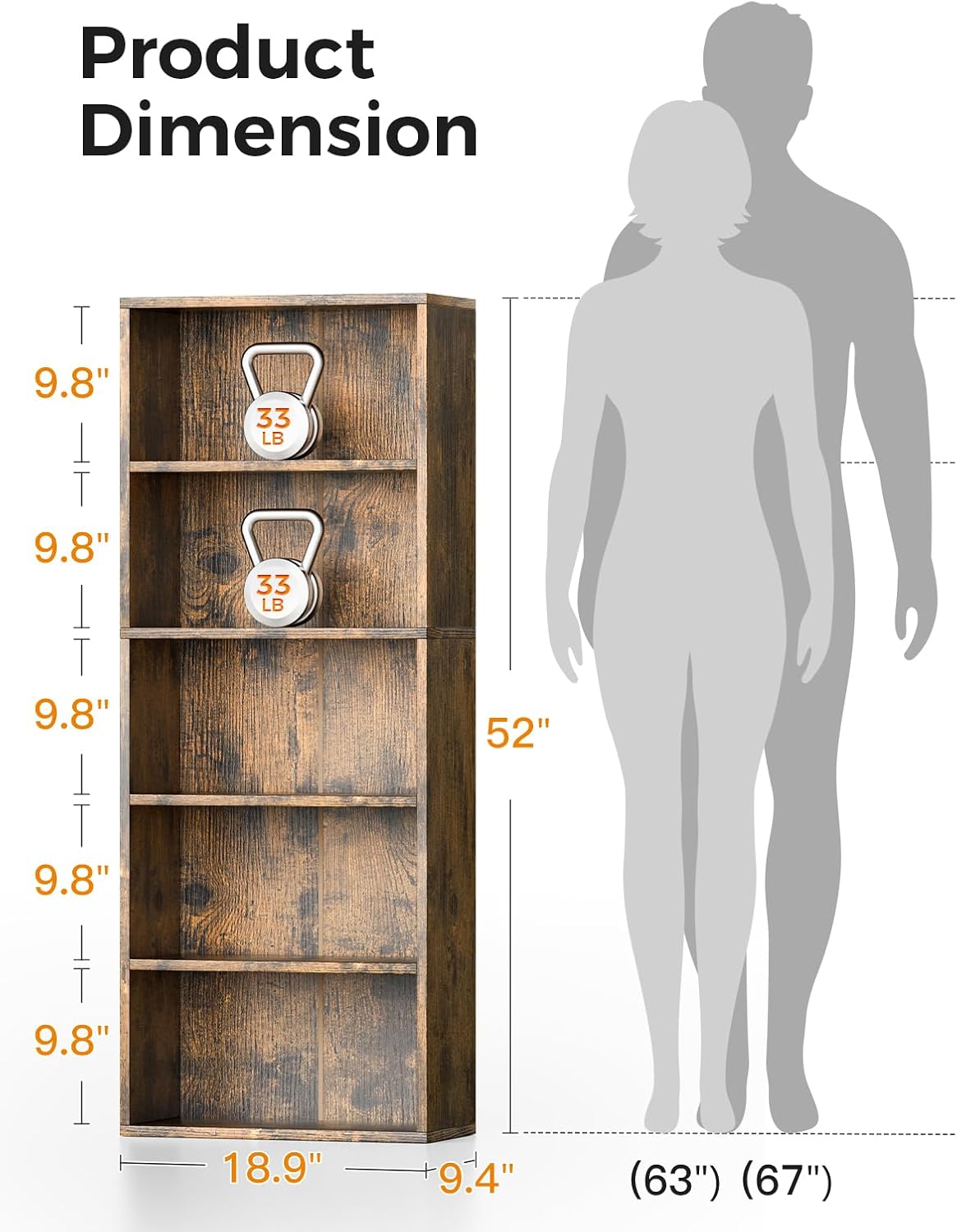 Casaottima 5-Tier Open Bookshelf and Bookcase, Floor Standing Display Storage Shelves for Living Room, Tall Book Shelf for Bedroom, Home Office, Dining Room, Vintage