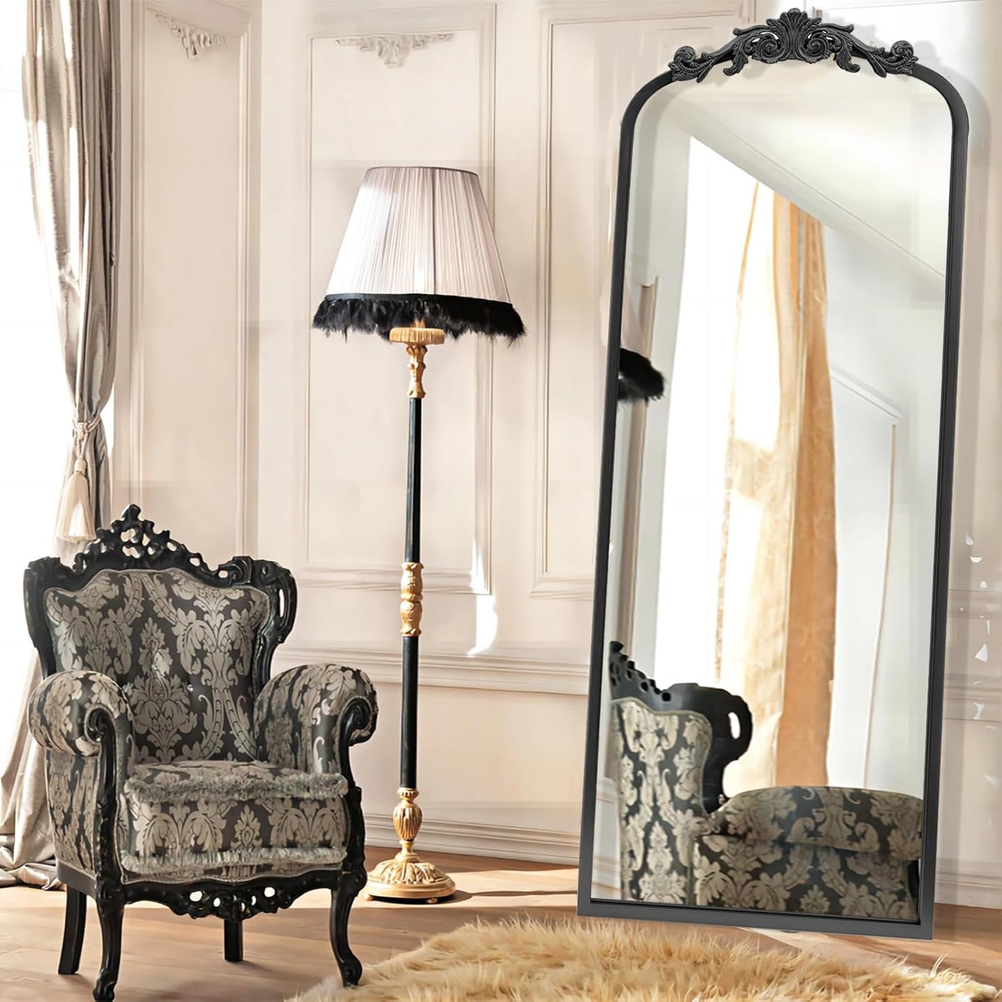 AIXI HOME Arched Black Antique Full Length Wall Mirror 22"x65", Arendahl Elegant Floor Vintage Mirror with Ornate Matel Frame, Baroque Inspired Home Decor for Bedroom/Living Room/Hallway