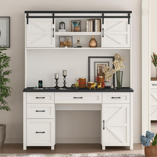 67''H Farmhouse Executive Desk with Hutch & 5 Drawers, Rustic Office Desks Computer Desks with Charging Station, File Drawers and Storage Cabinets, Wood Workspace for Home Office & Study,Black.
