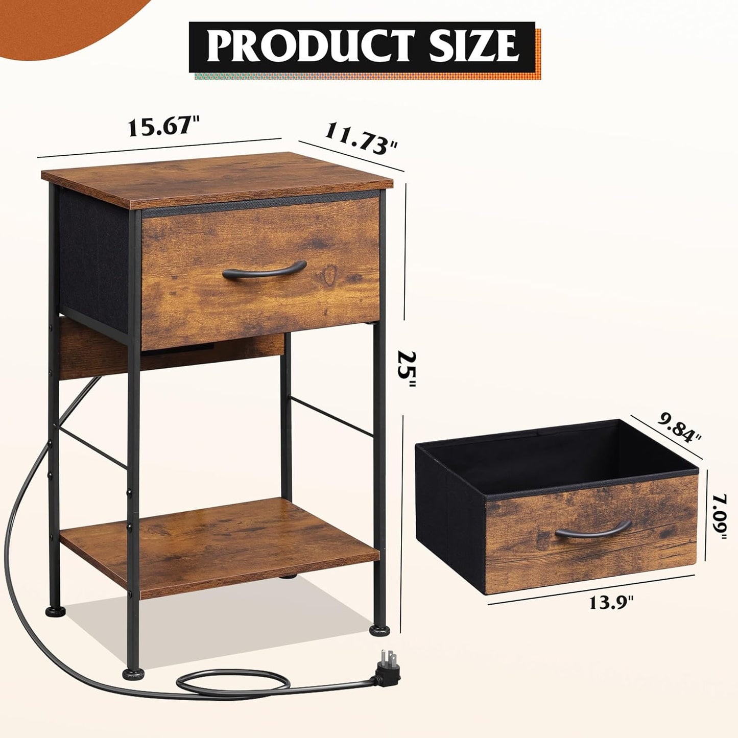 WLIVE Night Stand with Charging Station, Small Nightstand with Fabric Drawer and Open Shelf, 25" H Bedside Table for Bedroom, 2-Tier Storage End Tables, Dresser for Dorm, Entryway, Rustic Brown