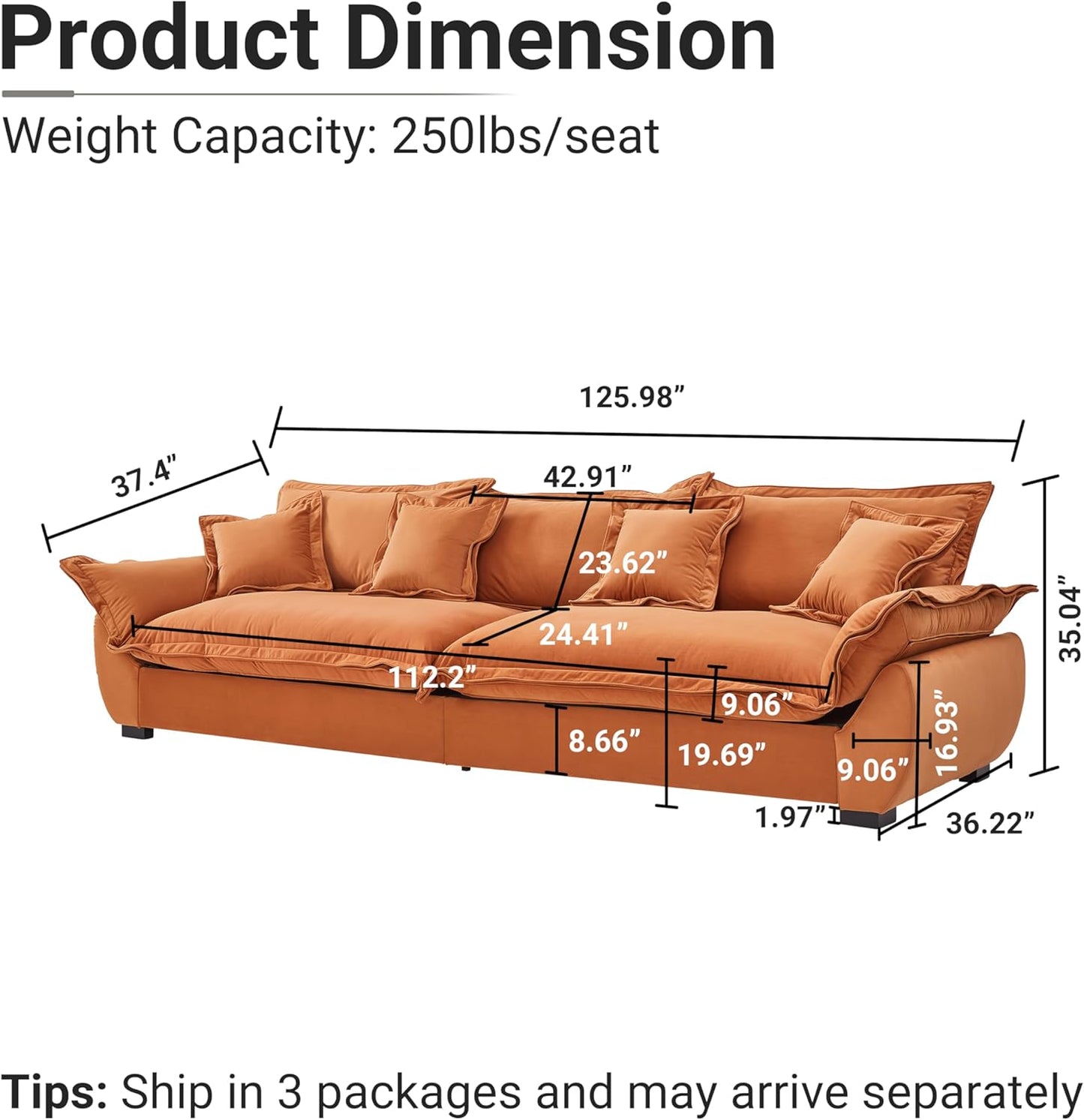 126 Inch Sailing Design Modular Sectional Cloud Sofa with Storage, Modern Deep Seat Couch w/Throw Pillows & Removable Backrest for Living Room Bedroom Apartment,Orange
