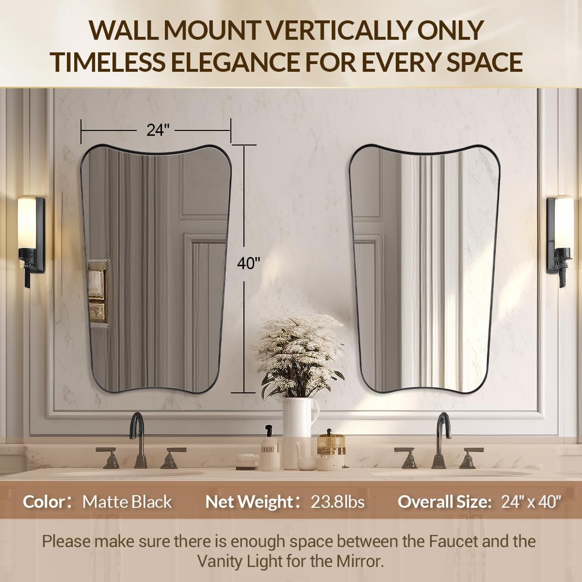 24x40 Black Mirror, Irregular Shaped Mirror with Curved Edge Design, Asymmetrical Bathroom Mirror, Wall Mounted Decorative Mirror for Powder Room, Foyer, Master Room, Hangs Vertical Only