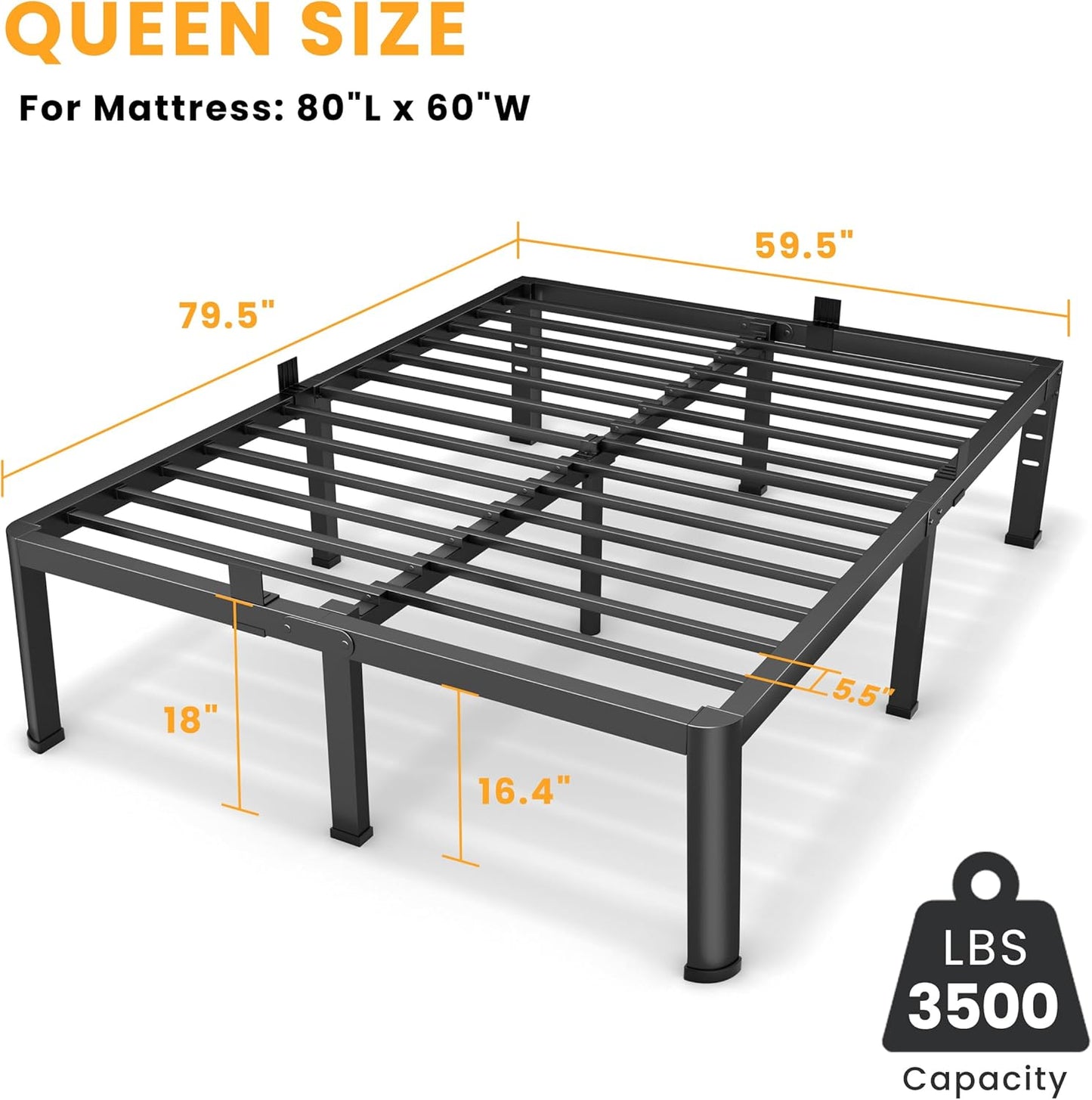 18 Inch Queen Size Metal Platform Bed Frame with Round Corners, Storage Space Under High Bed Frame-Heavy Duty Steel Slats Support, Noise Free - Easy Assembly - No Box Spring Needed