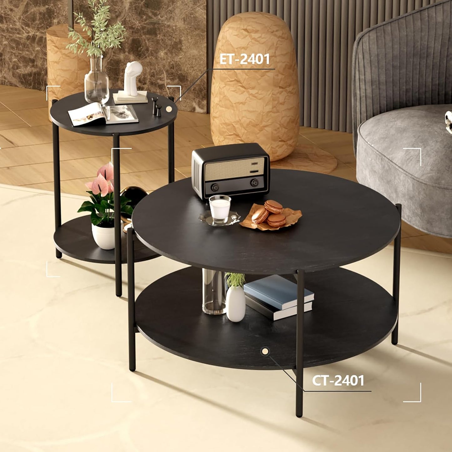 Round Side Table, 2-Tier Circle End Tables with Storage Wood Rustic Small End Tables Farmhouse Side Table for Living Room Bedroom Balcony Small Spaces