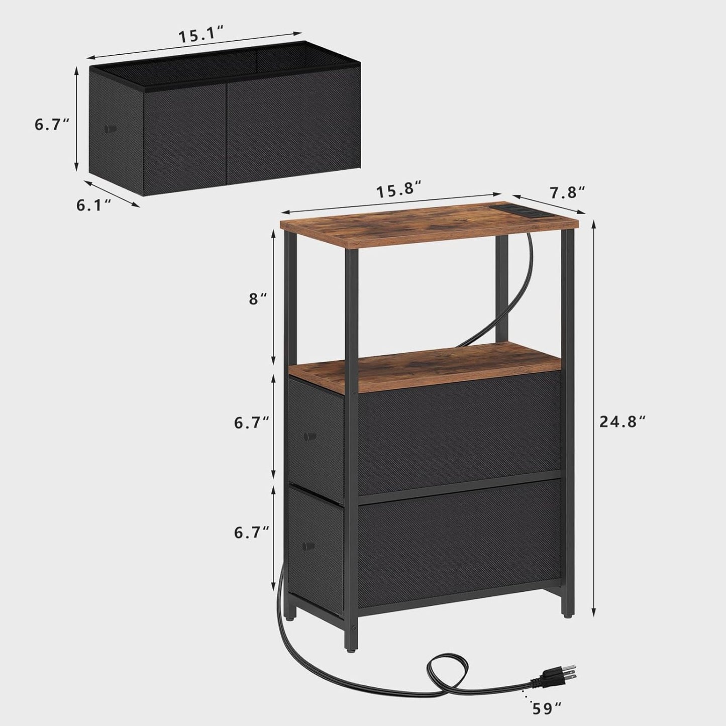 TUTOTAK Small Narrow LED End Table with Charging Station, Side Table Outlets, Nightstand with 2 Cloth Drawers, Set of 2, Couch Table, for Living Room, Bedroom, Bedside, Brown and Black TB01BB056K